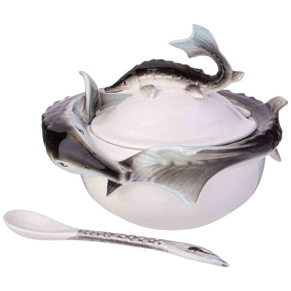 Lefard Sturgeon Round Porcelain Caviar Dish with Lid 5x4.3