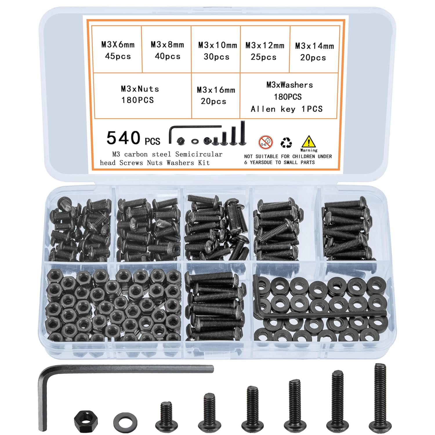 540 Pcs M3 Screw Assortment, M3 Bolts and Nuts Kit, Hex Socket Button Head Cap S