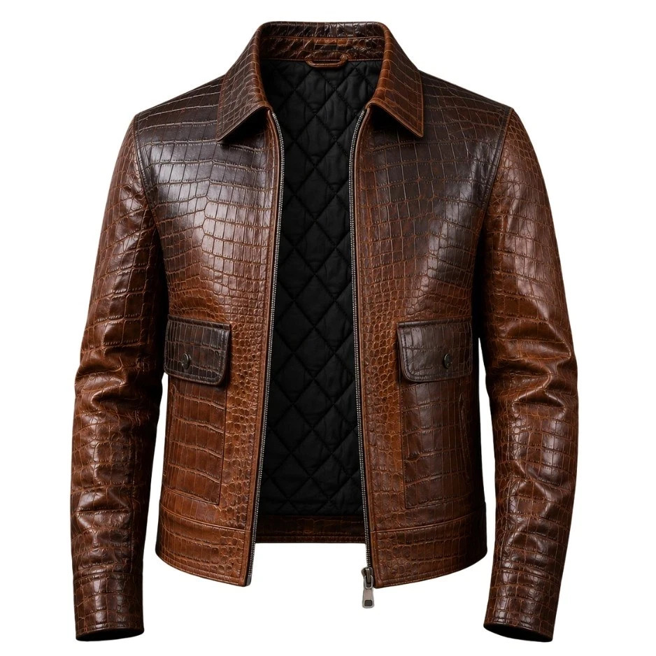 Mens Brown Real Leather Crocodile Pattern Genuine Fashion Jacket Alligator Print