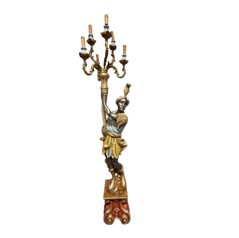 1930s Italian Gilded Venetian Blackamoor Figural Torch Candelabra 6-Arm Lamp