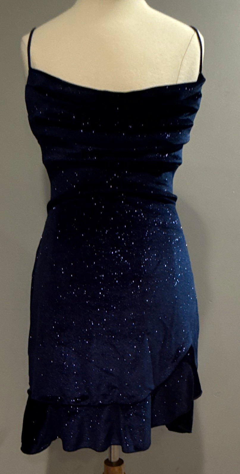 Lucy -Women’s Navy Blue Glitter Mini Dress Cowl Neck Sleeveless Lace-Up Back