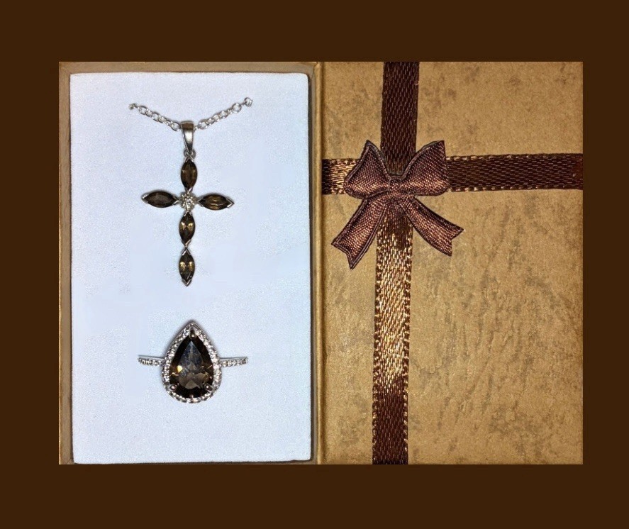 DEAL FINE Exquisite 925SS Brown Smoky Quartz CZ Cross Necklace & Halo Ring 9 Set