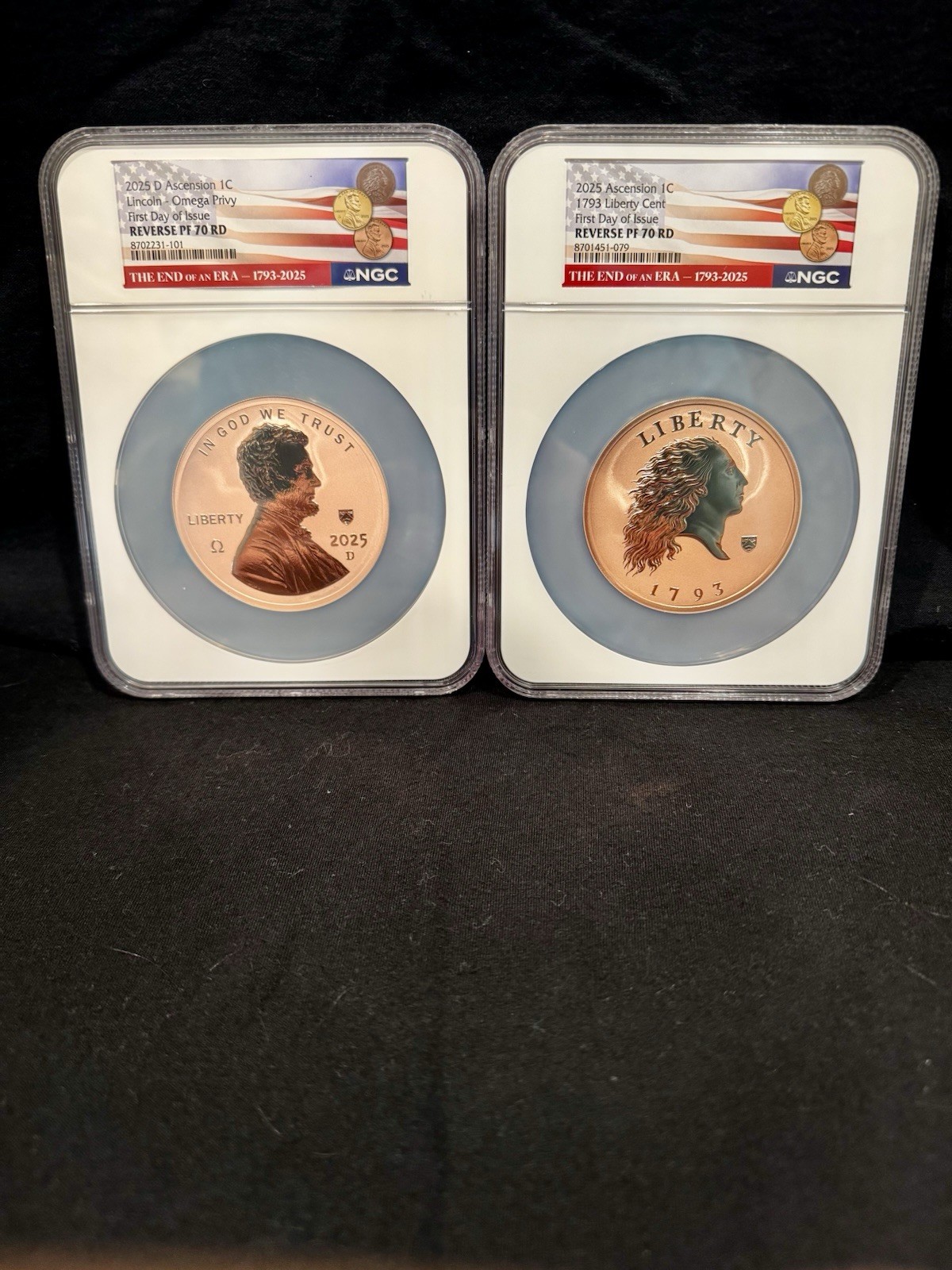 2025-D Omega Privy Lincoln + 1793 Liberty Ascension Cent NGC PF70 RD Pair