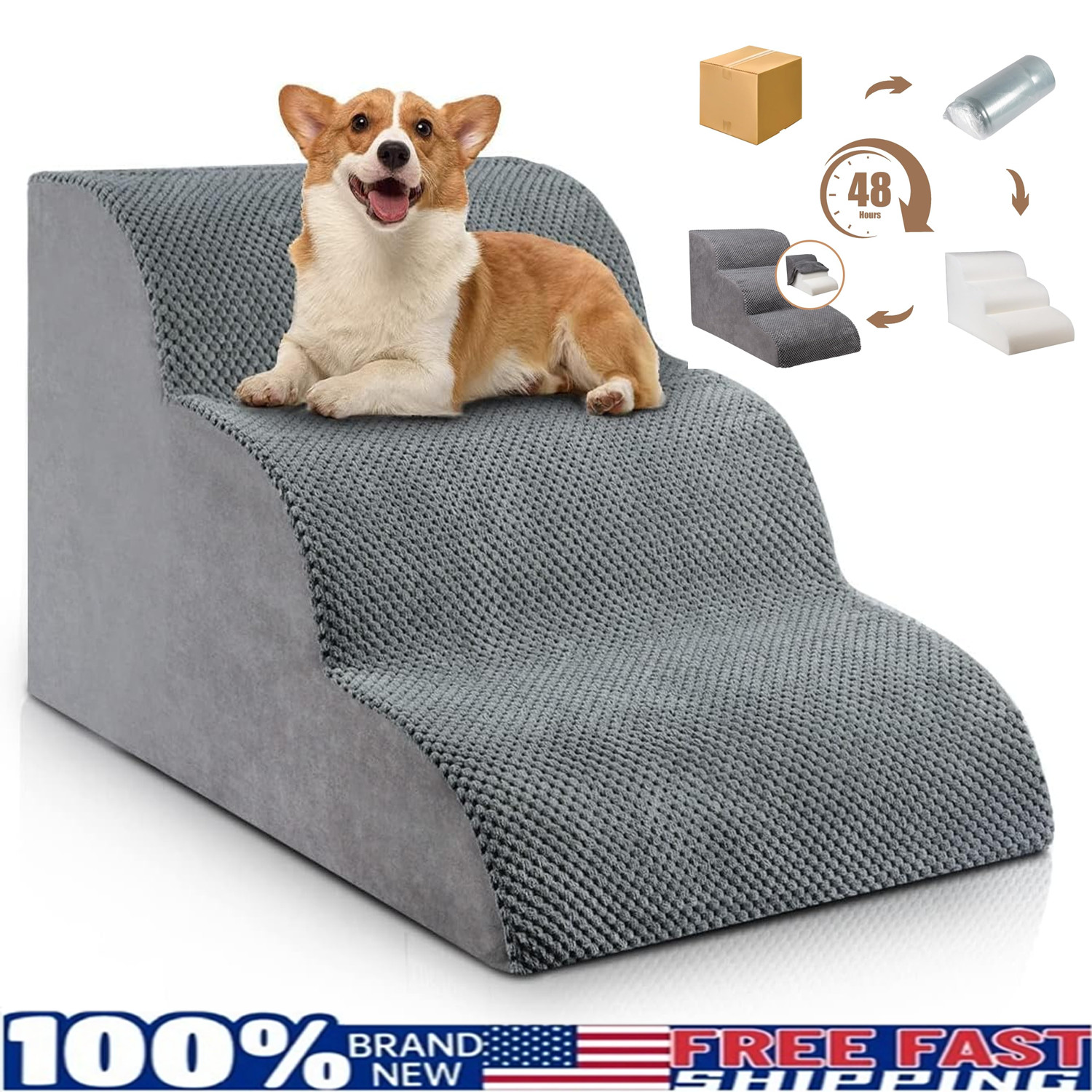 Foam Pet Stairs 3 Step Dog Cat Steps Non-Slip Cover for Bed Couch - Prefixed