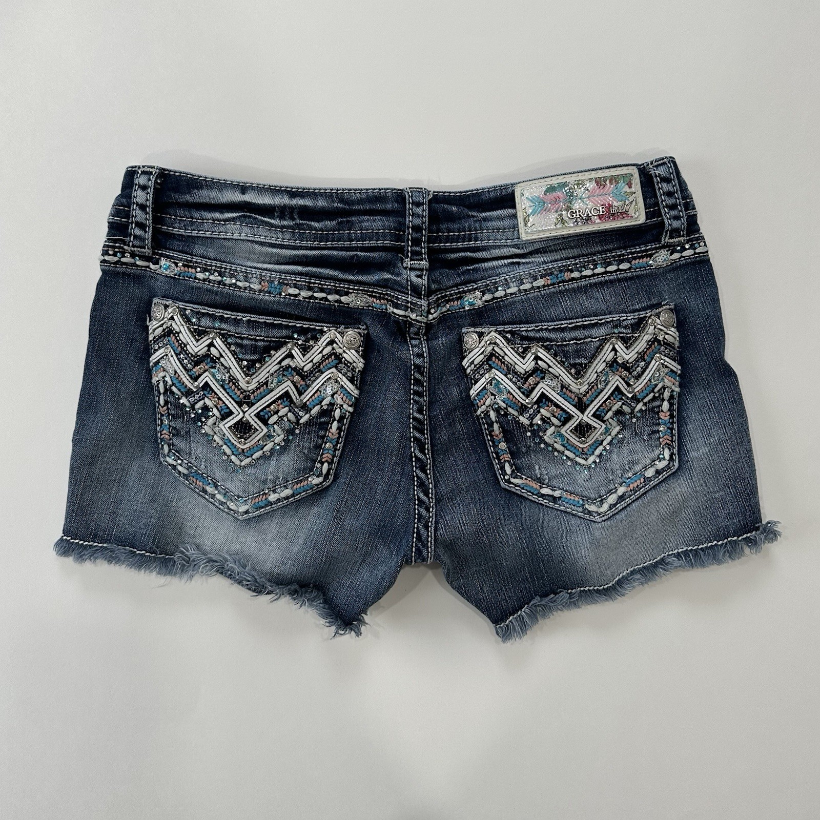 Grace in LA Dark Distressed Denim Shorts Embroidered Rhinestone Western Boho 29 Grace in LA Dark Distressed Denim Shorts Embroidered Rhinestone Western Boho 29
