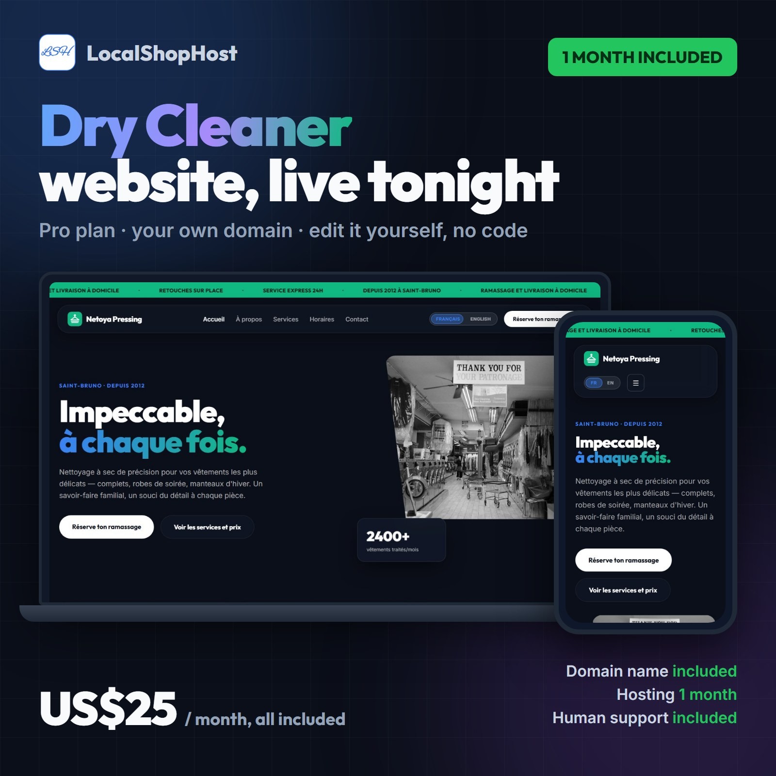 Turnkey Dry Cleaner Website – Pro Plan – 1 Month Hosting Included