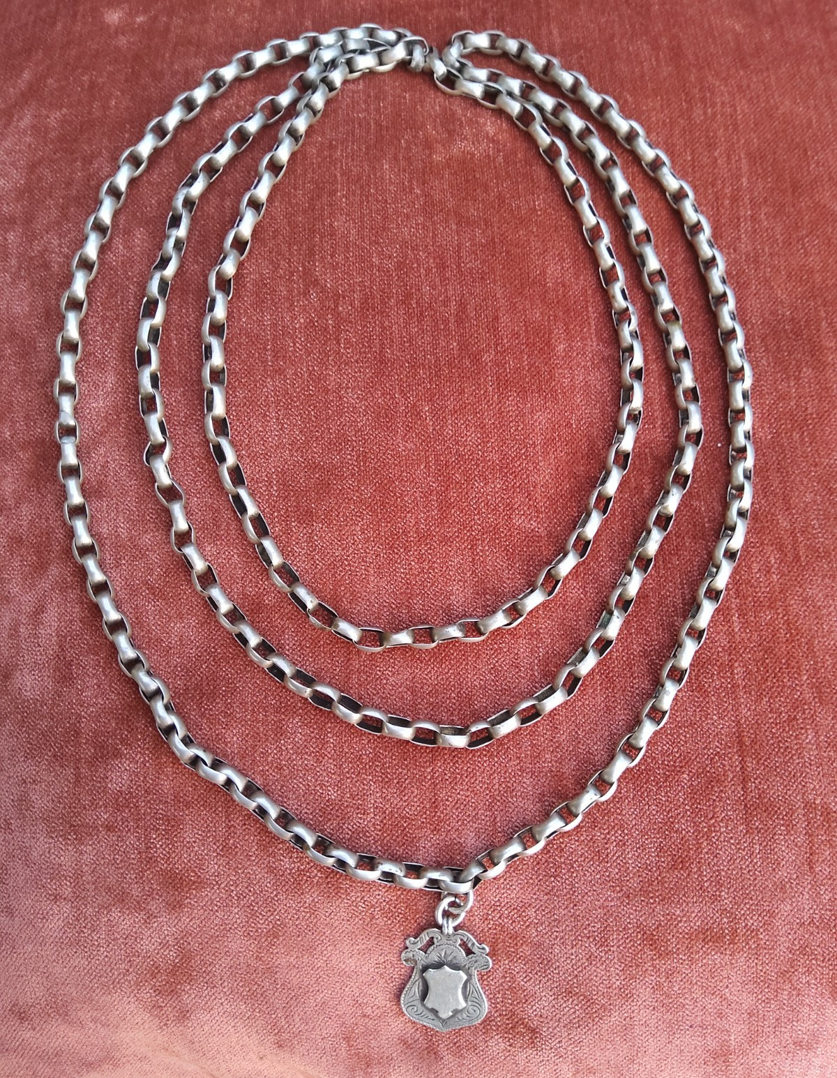 Antique 1914 Book-Chain, Long Guard Muff Chain with Sterling Silver Fob 66\