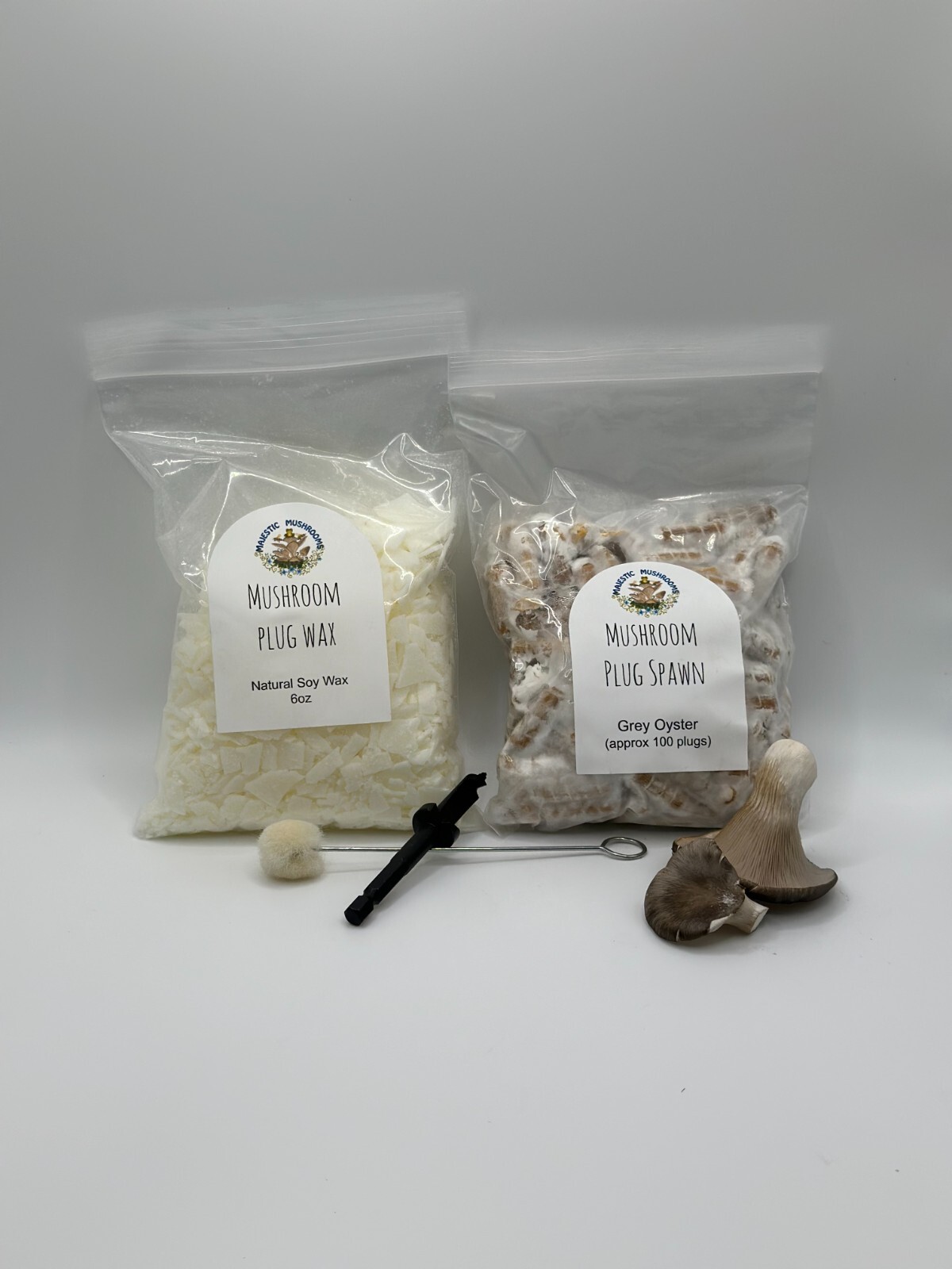 Grey Oyster Mushroom Plug Spawn 100x & drill bit/wax combo pack - 