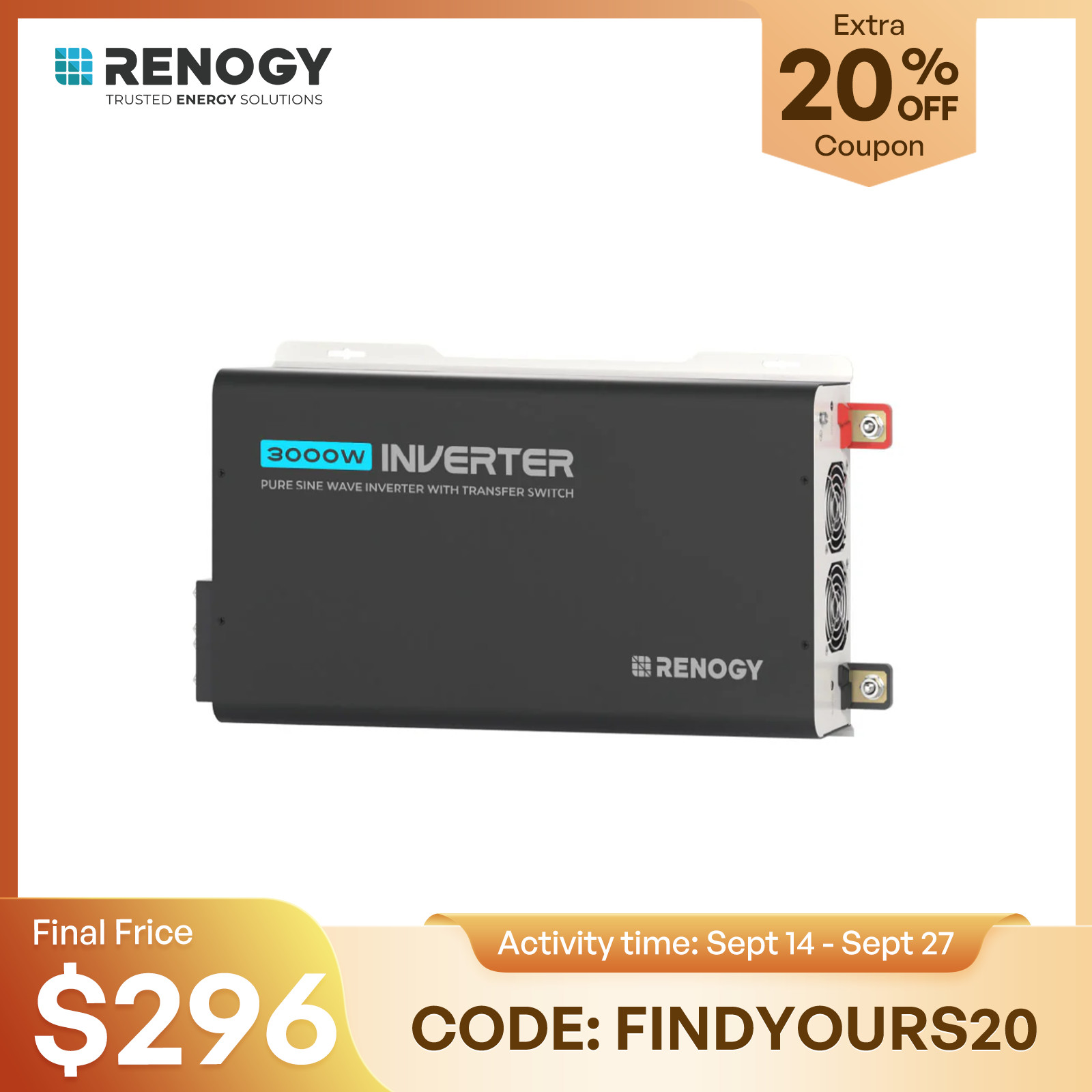 Renogy 12V 3000W Pure Sine Wave Inverter UPS Transfer Switch Built-in Bluetooth