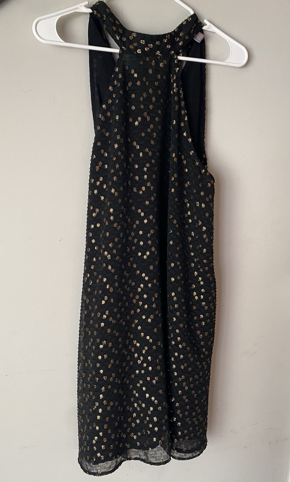 Chelsea 28 Women\'s Black/Gold Polka Dot Chiffon Shift Dress V-Neck Lined S Chelsea 28 Women\'s Black/Gold Polka Dot Chiffon Shift Dress V-Neck Lined S