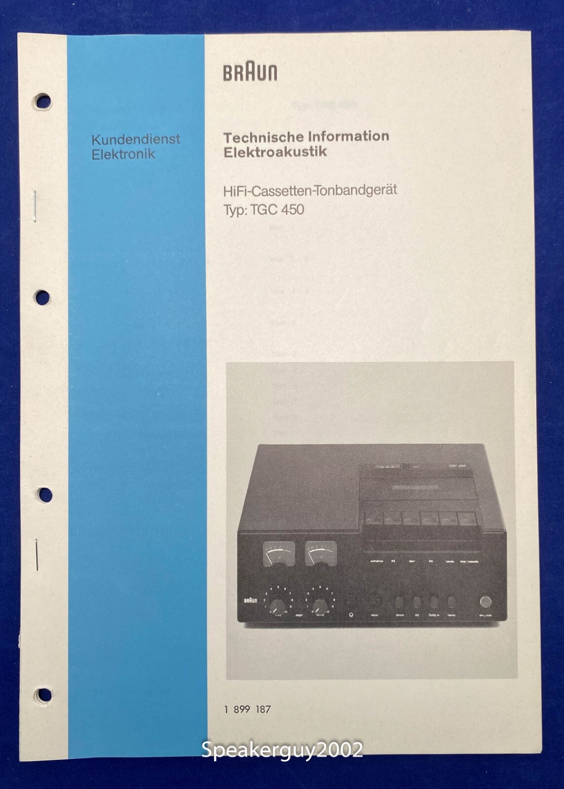 Original Braun TGC450 Cassette Deck Technical Info Manual / German Original Braun TGC450 Cassette Deck Technical Info Manual / German