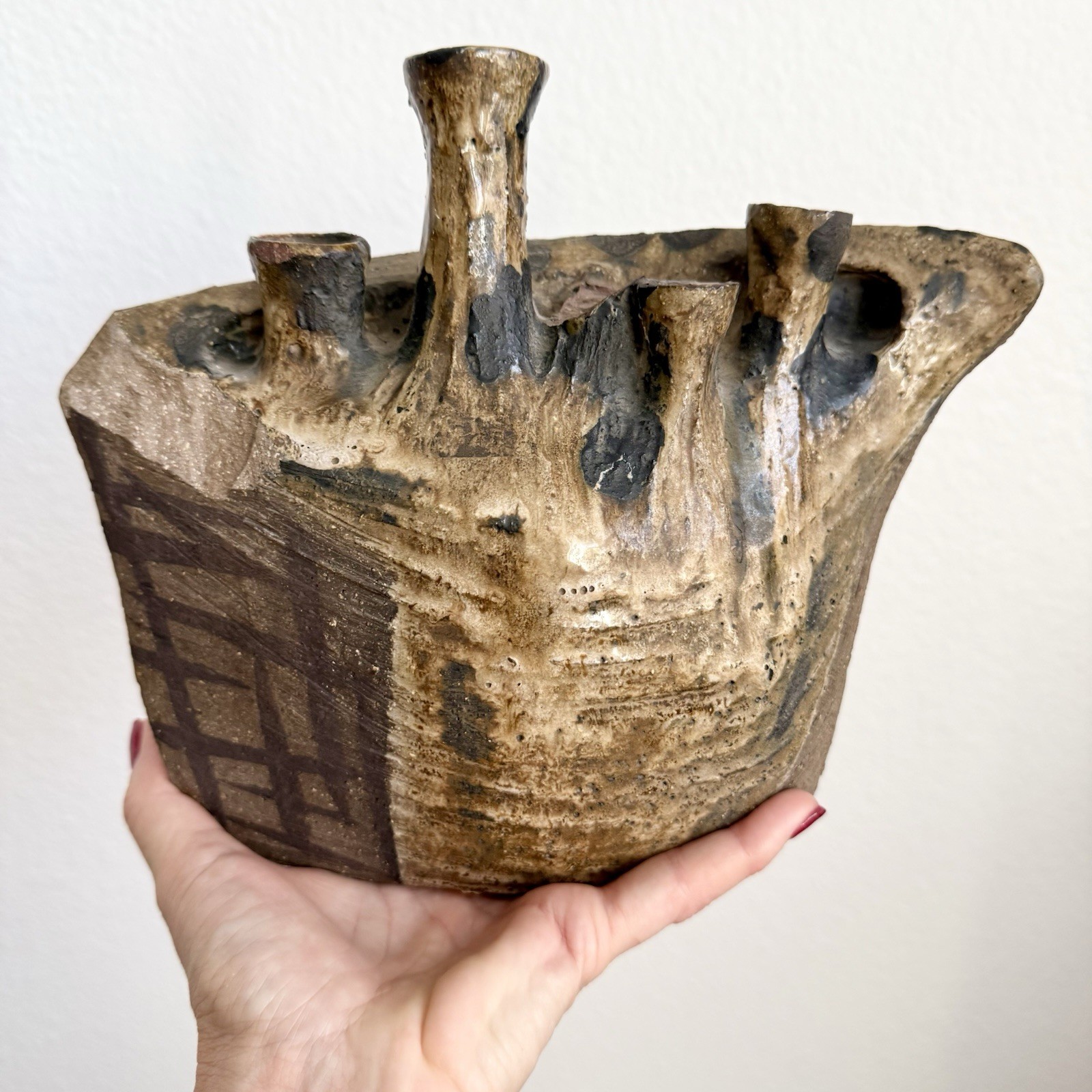 Mid Century Brutalist Hand Formed Ceramic Pottery Vase Signed & Dated Crespi 60 Mid Century Brutalist Hand Formed Ceramic Pottery Vase Signed & Dated Crespi 60