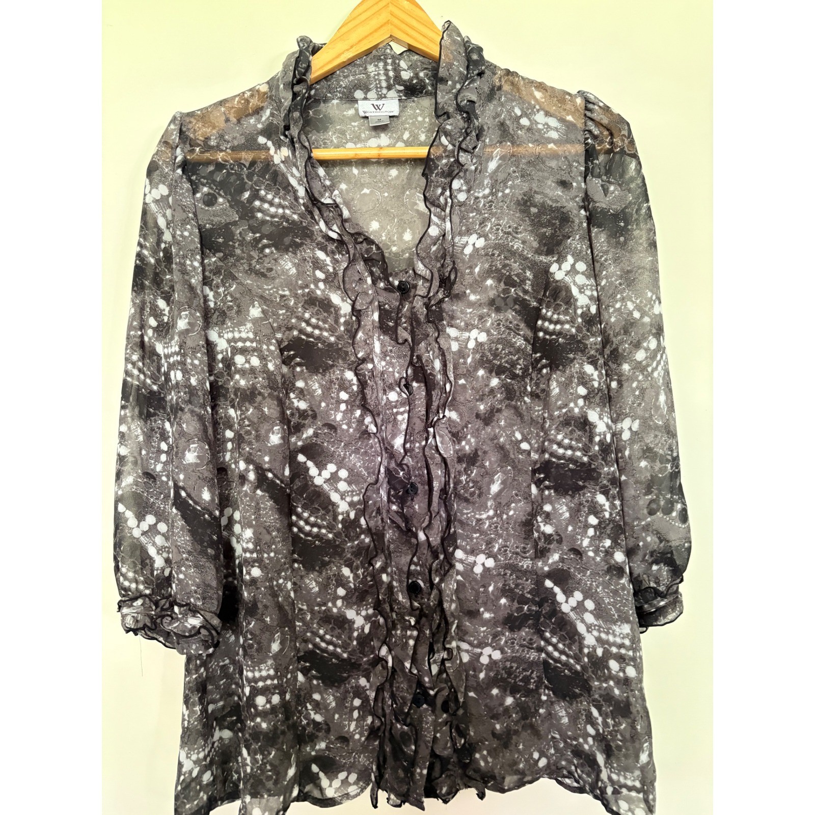 Worthington Womens Gray Abstract Ruffle V-Neck Sheer Blouse Size M 3/4 Sleeve
