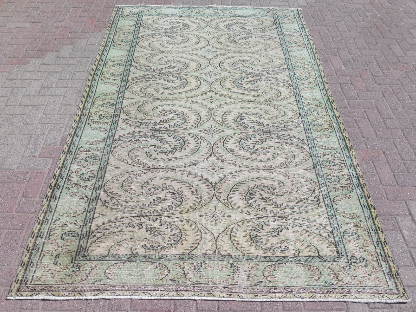 Sage Green Vintage Turkish Handwoven Wool Large Rug, Distressed Carpet 75\