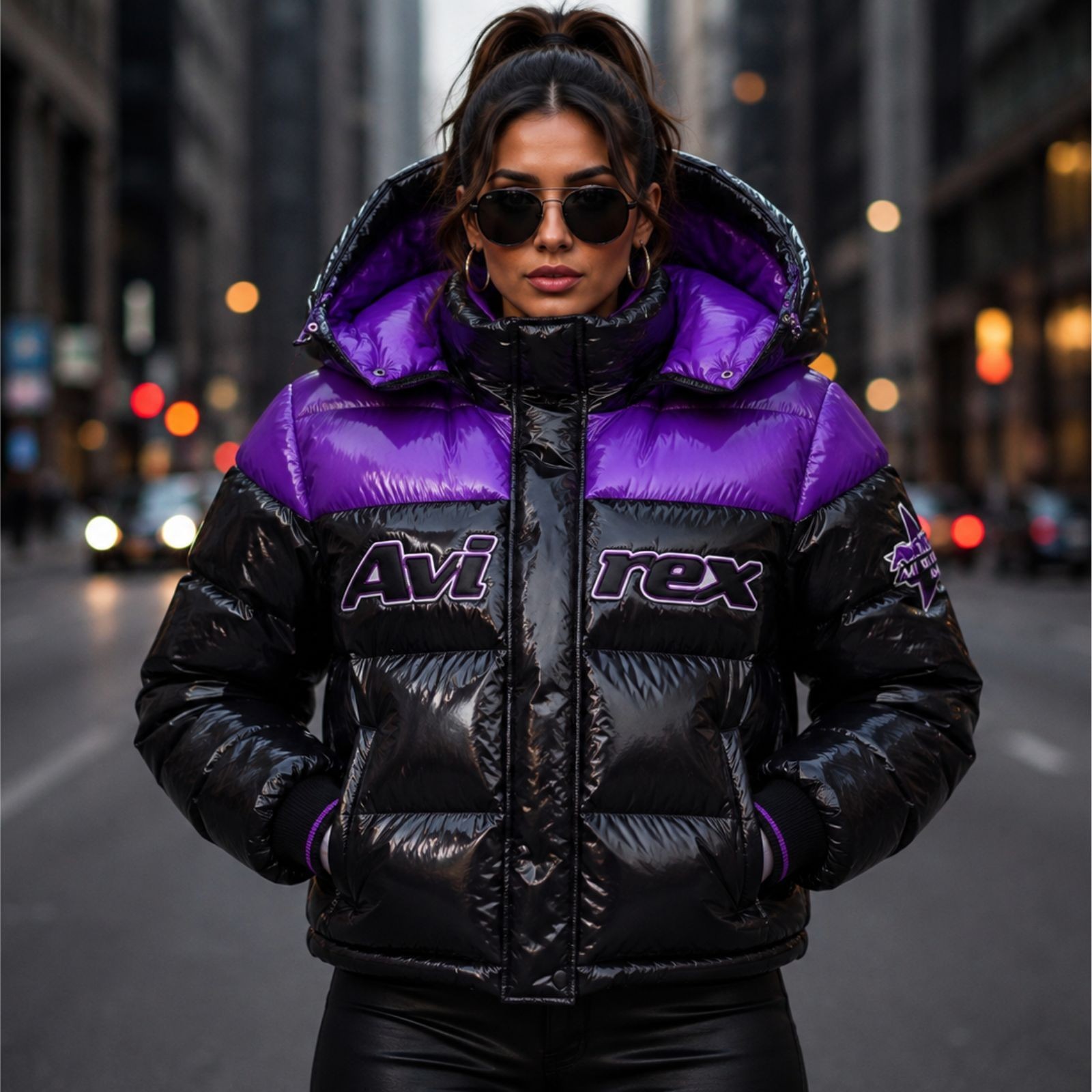 Women's Avirex Style Shiny Puffer Jacket Black Purple Hooded Bubble Winter Coat