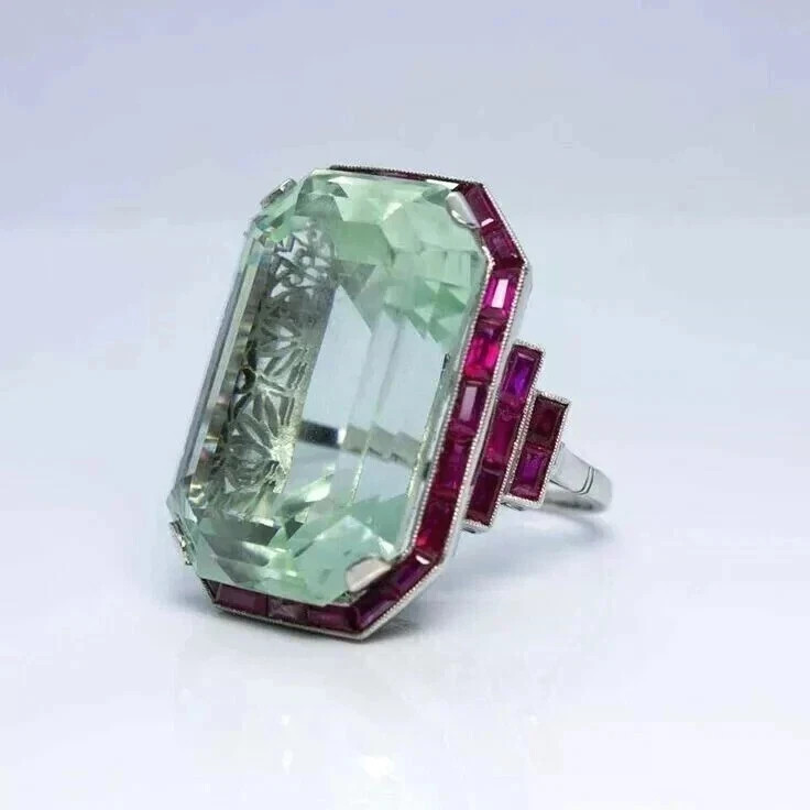 5Ct Art Deco Vintage Style Lab Created Aqua & Ruby Engagement 925 Silver Ring