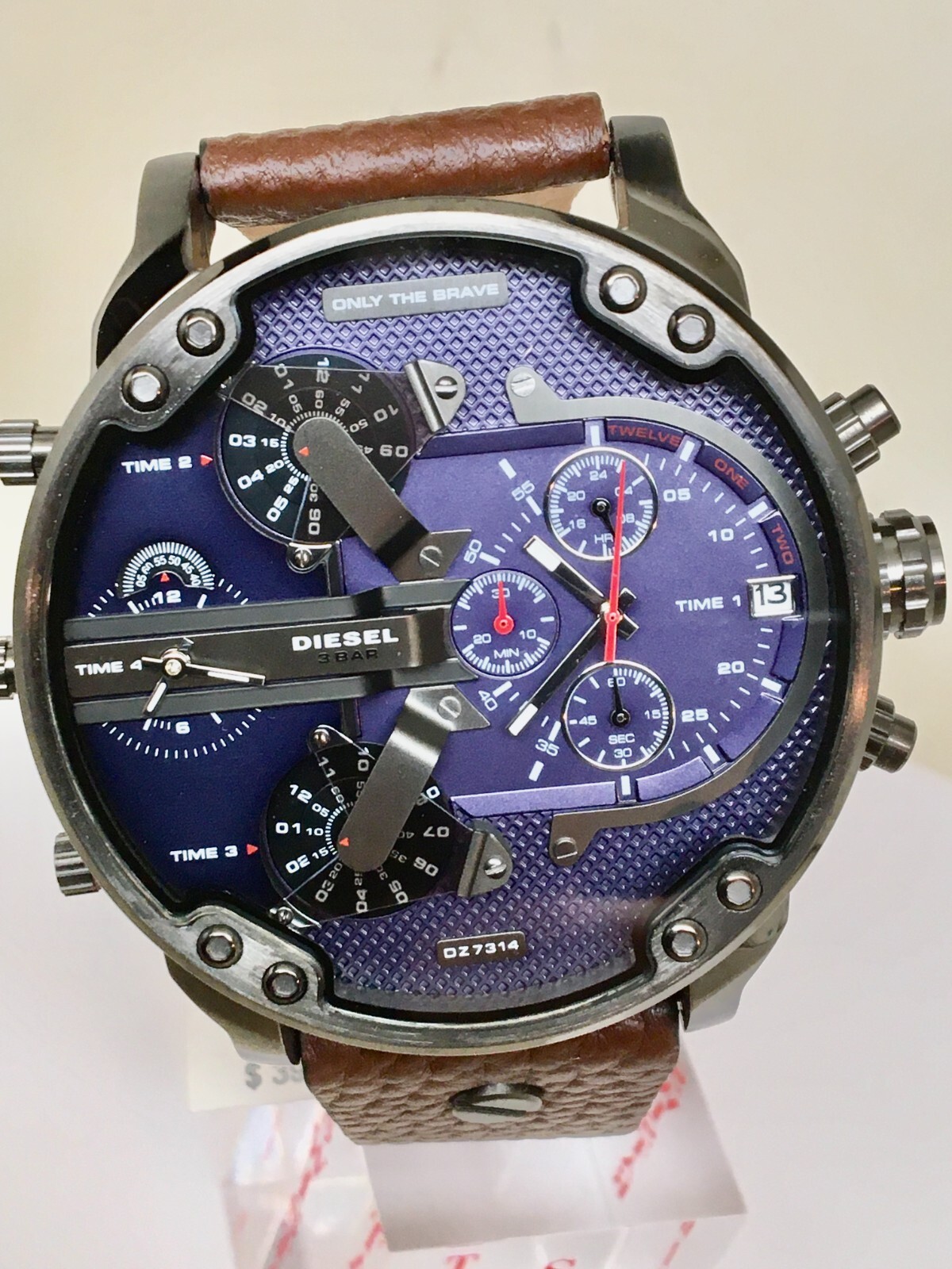 NEW DIESEL DZ7314 MR. DADDY GUNMETAL,BROWN LEATHER BAND,4 TIMES ZONE, No box .