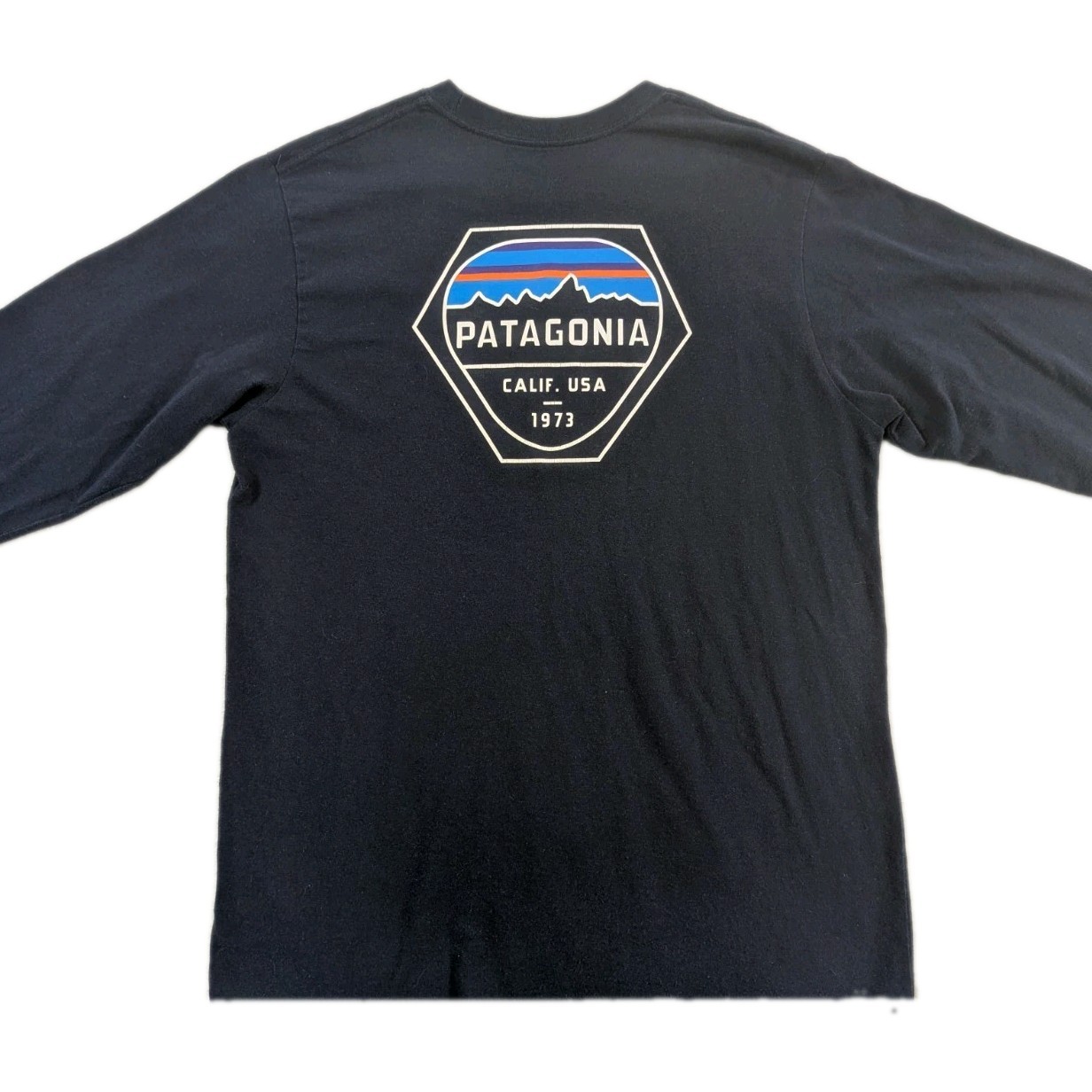 Patagonia Mens Medium Long Sleeve Fitz Roy Hex Tee Shirt Navy Blue Graphic