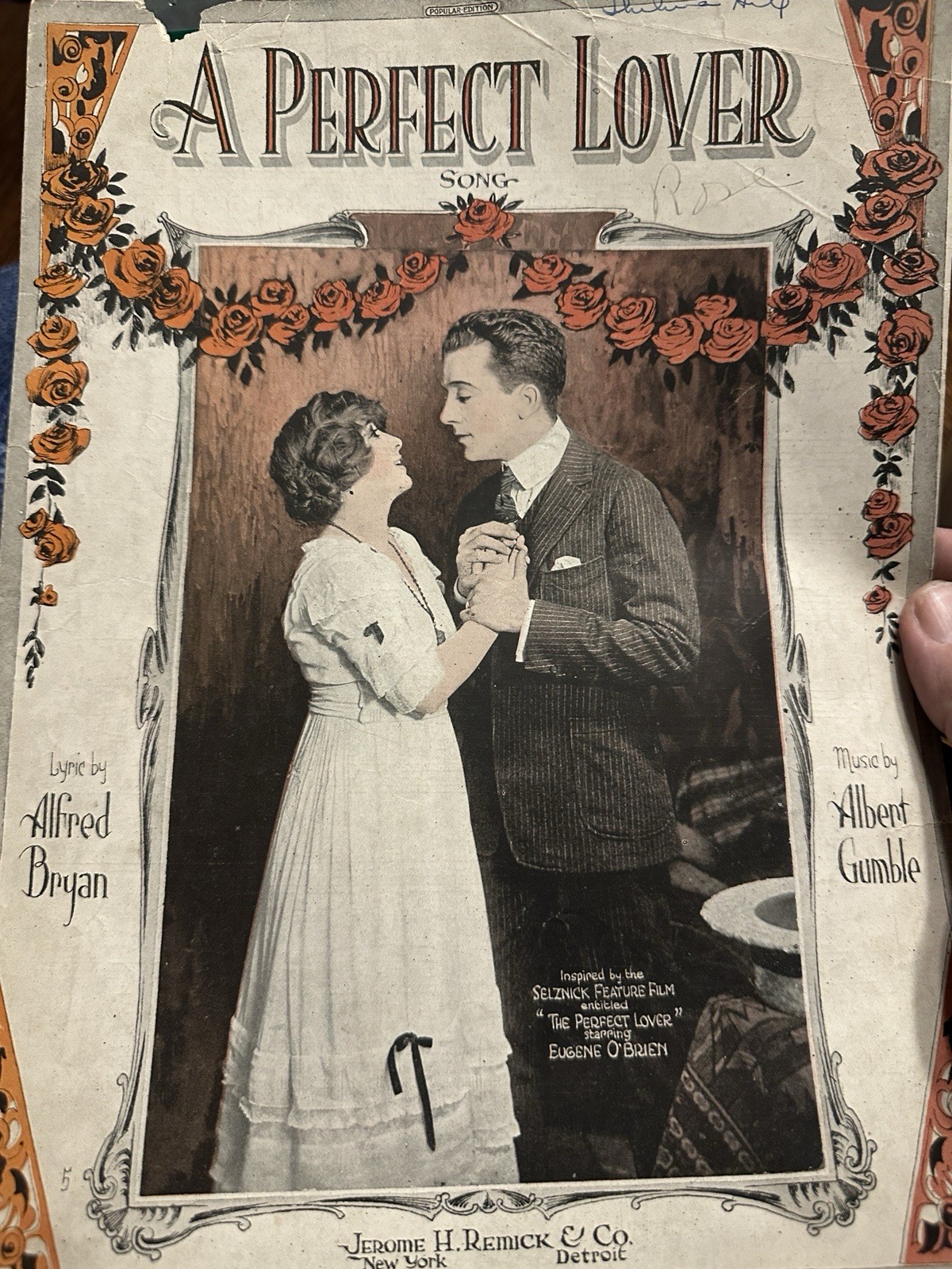 N 1919 EUGENE O’BRIEN Photoplay Sheet Music THE PERFECT LOVER