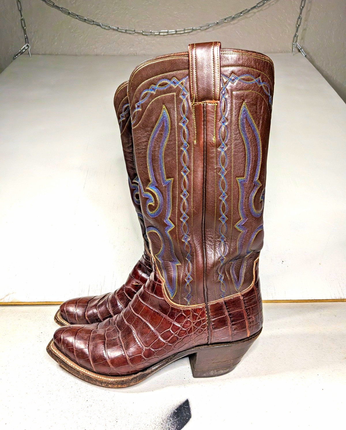 M.L. Leddy\'s Mens Alligator Cowboy Boots 8.5 E Handmade Brown Leather 2012