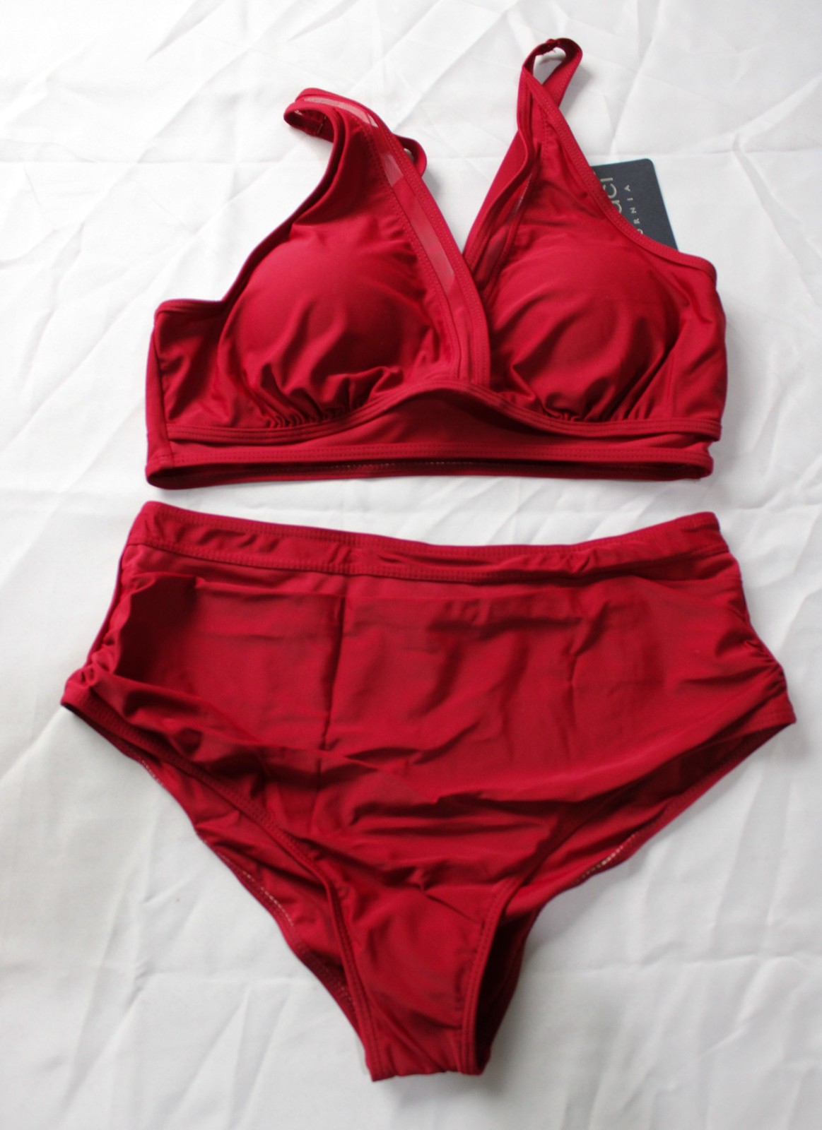 Anna-Kaci Women\'s Mesh Trim V Neck Bikini Two Piece Swimsuit BL1 Burgundy Large