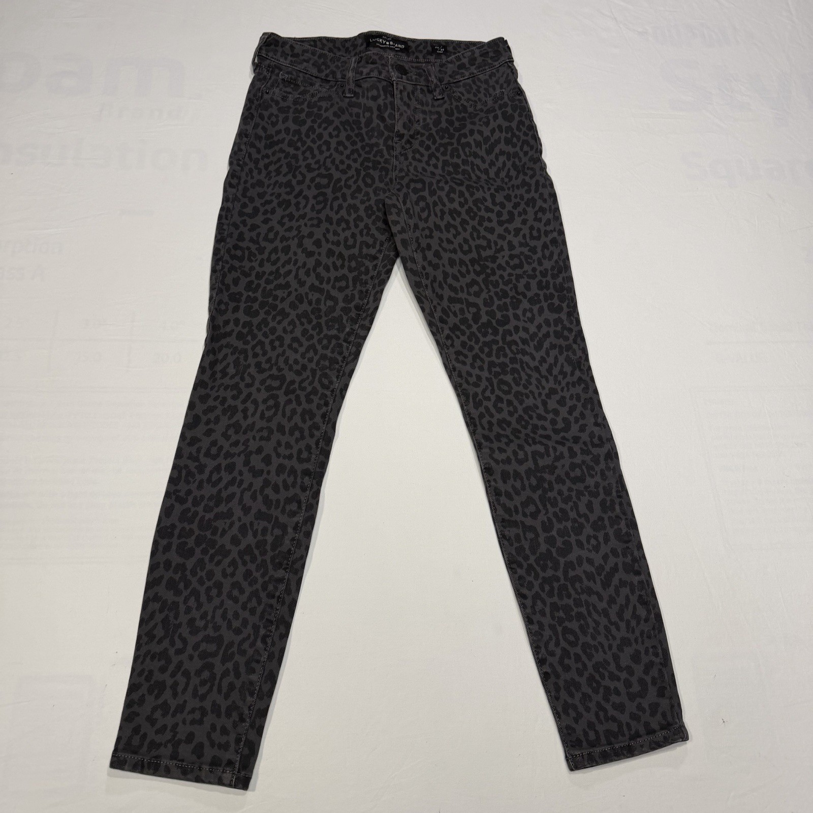 Lucky Brand Skinny Jeans Sz 00/24 Ankle Black Gray Leopard Print Tapered Denim