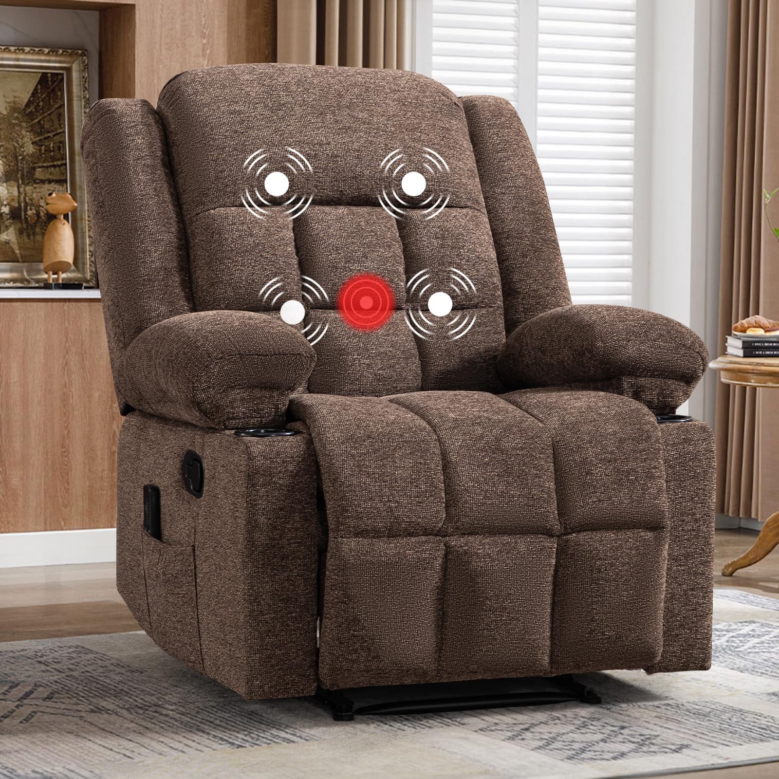 Canmov Manual Recliner Chair with Vibration Massage and Lumbar Heating, Brown