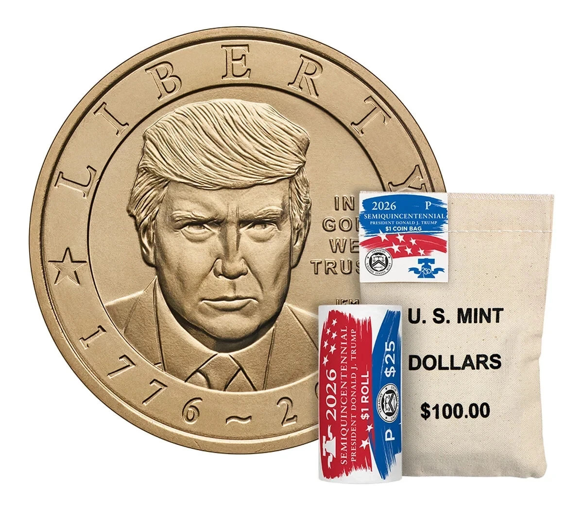 2026 Semiquincentennial President Donald J. Trump $1 Coin Bag $100 **IN HAND** 2026 Semiquincentennial President Donald J. Trump $1 Coin Bag $100 **IN HAND**