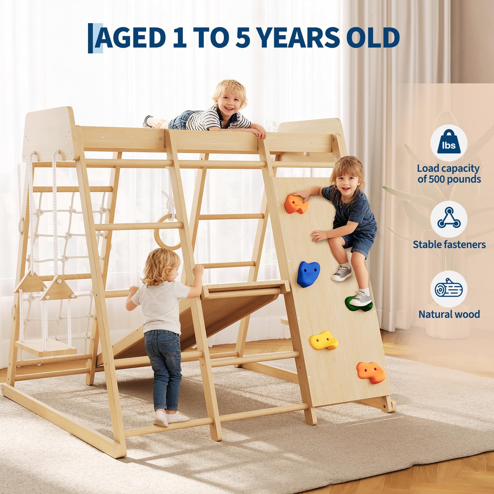 Kids Indoor Climbing Playset 8 in 1 Wooden Jungle Gym Slide Swing Monkey Bar Set