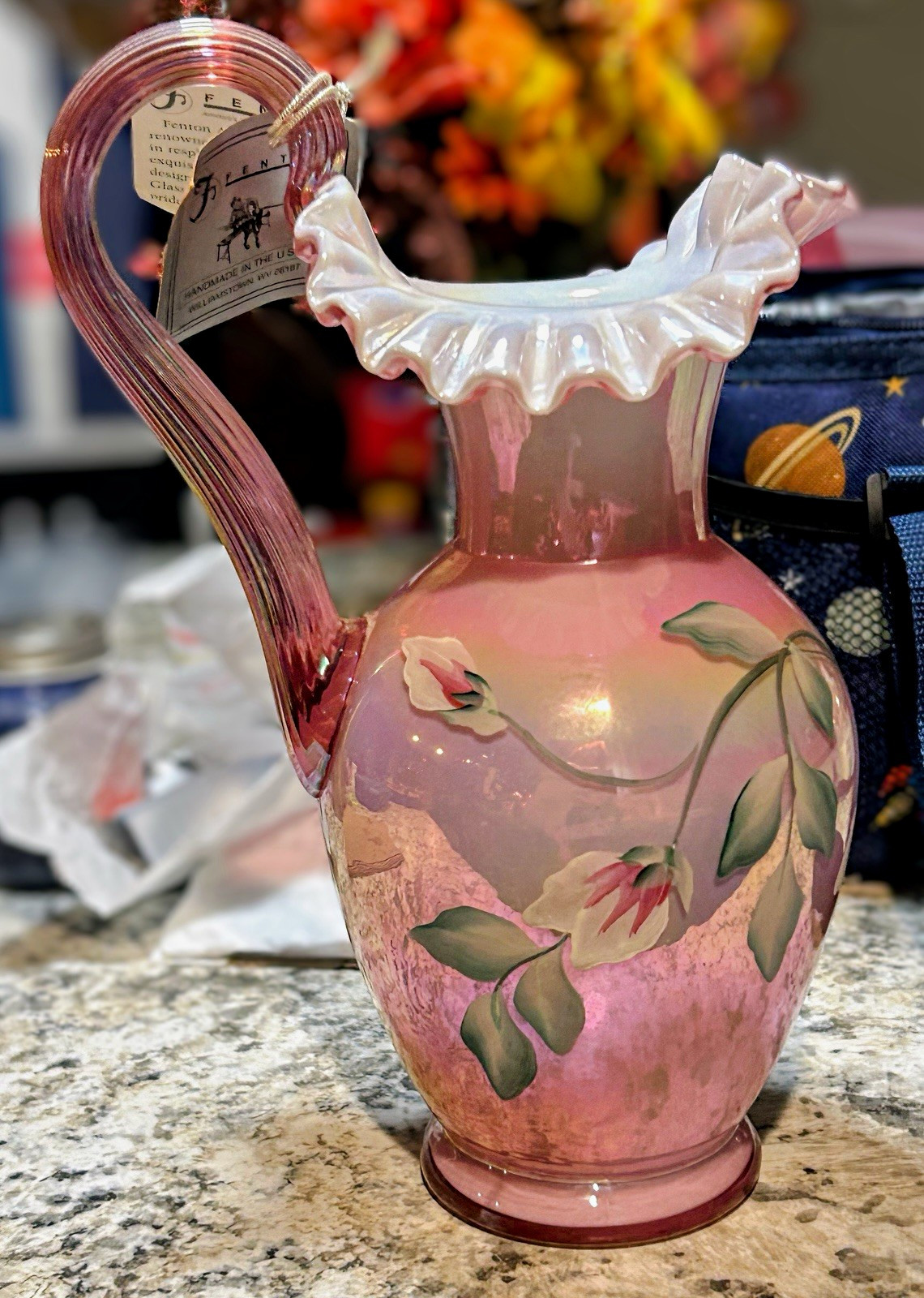 Fenton Dusty Rose Pink Iridescent Art Glass Pitcher Hand Painted C Mackey Tagged Fenton Dusty Rose Pink Iridescent Art Glass Pitcher Hand Painted C Mackey Tagged