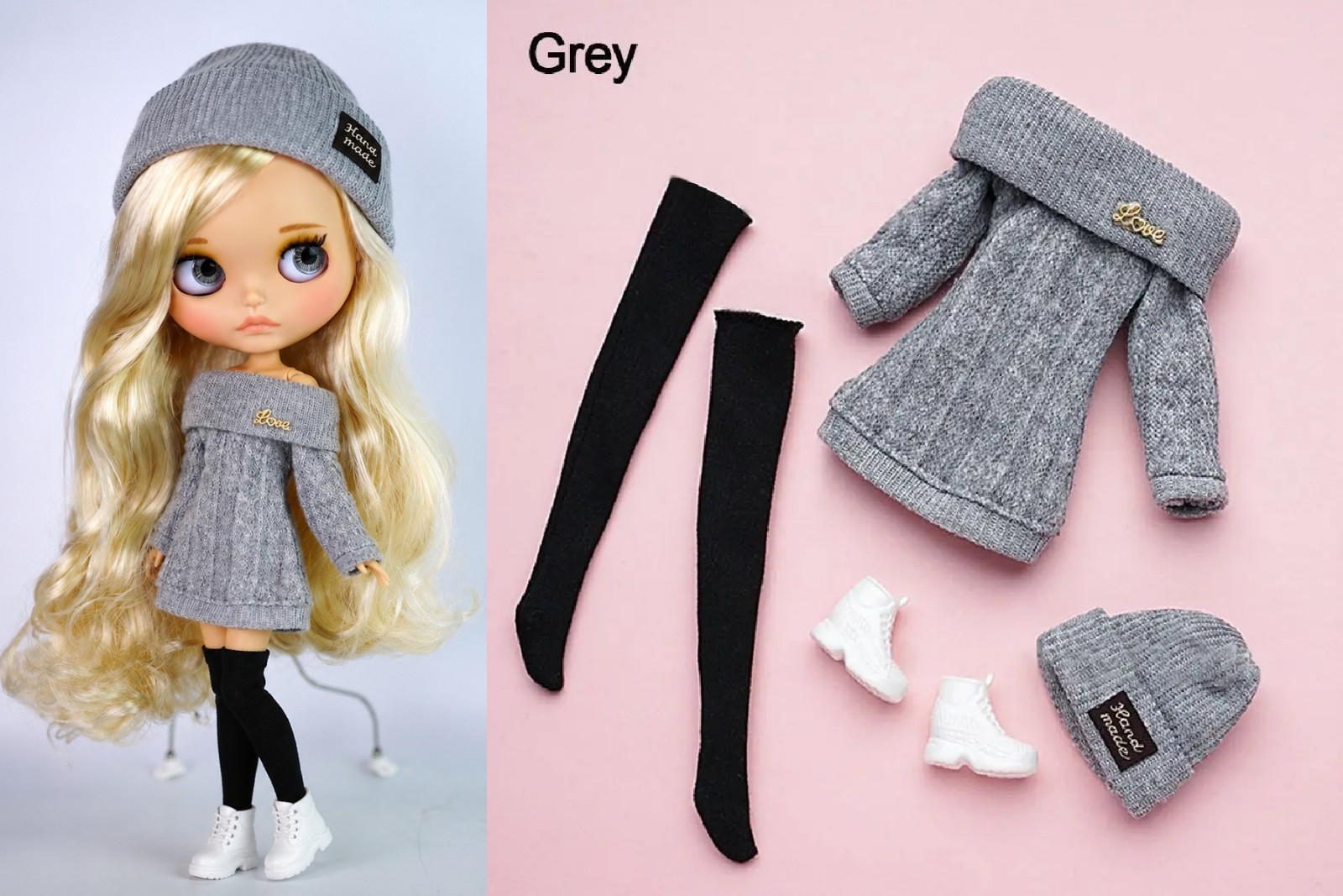 Blythe Doll Outfit Dress Clothes Grey Knit Sweater Hat Socks Boots Set 1/6 BJD