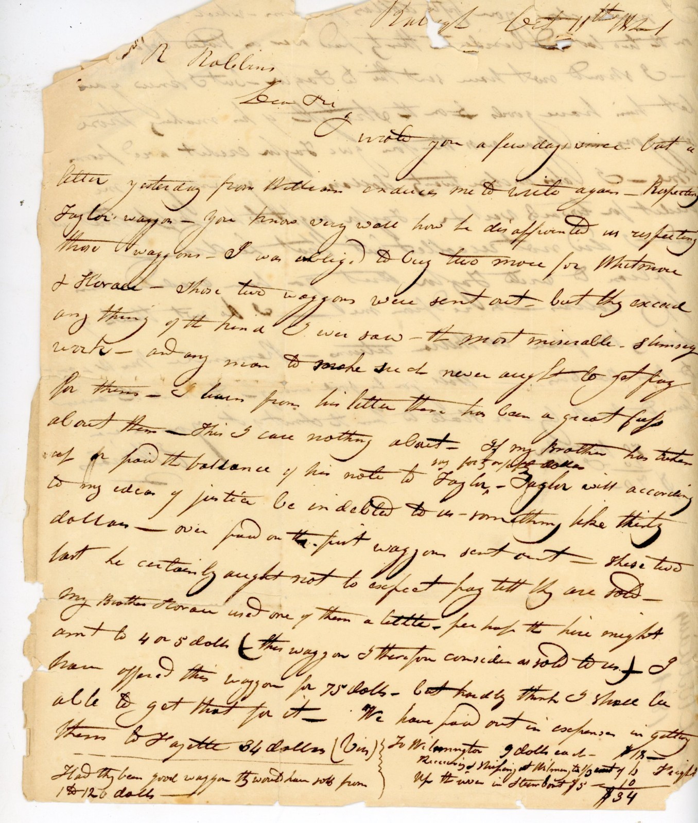 1821 Antique Letter Israel Williams to Asher Robbins  Wagon Dispute, Freight Co