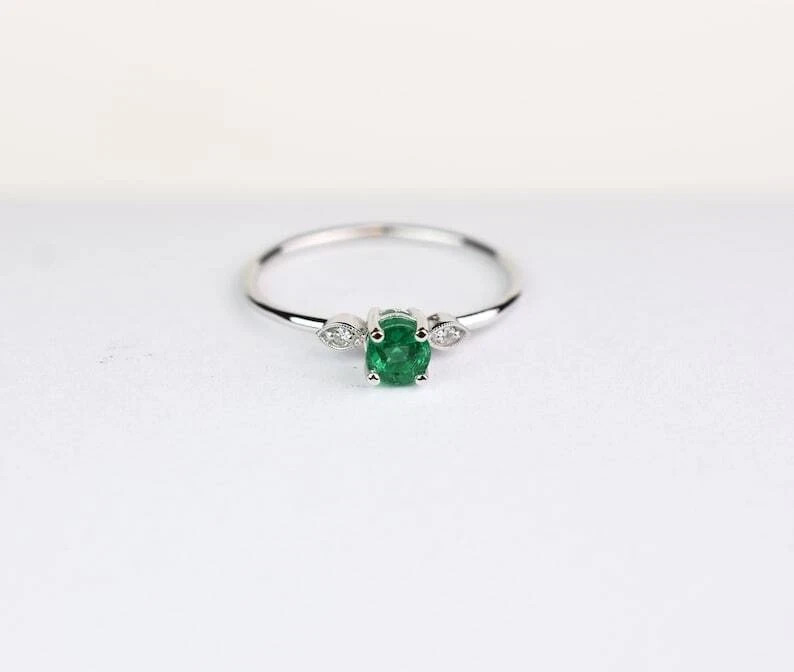 0.38 Ct Round Cut Natural Emerald & Diamond Wedding Ring 14K  White Gold