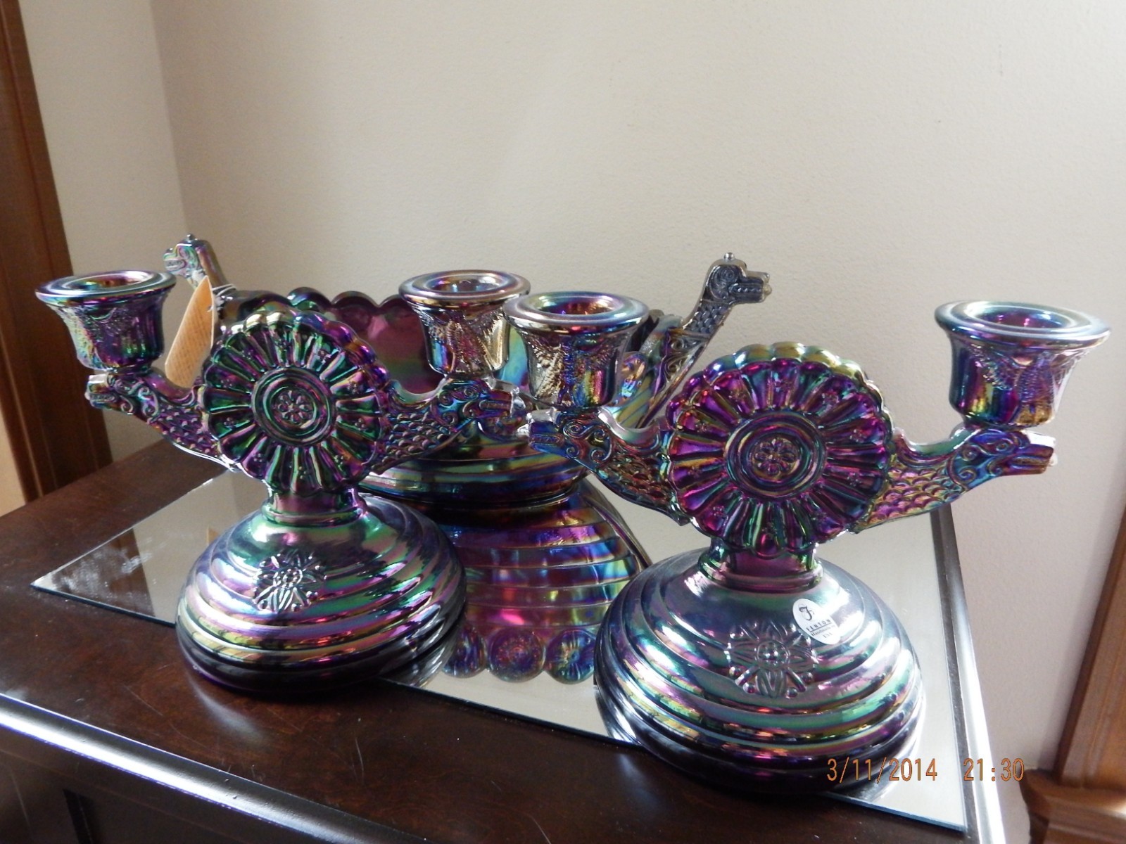Fenton Plum Amethyst Carnival Viking Boat Candlestick Set