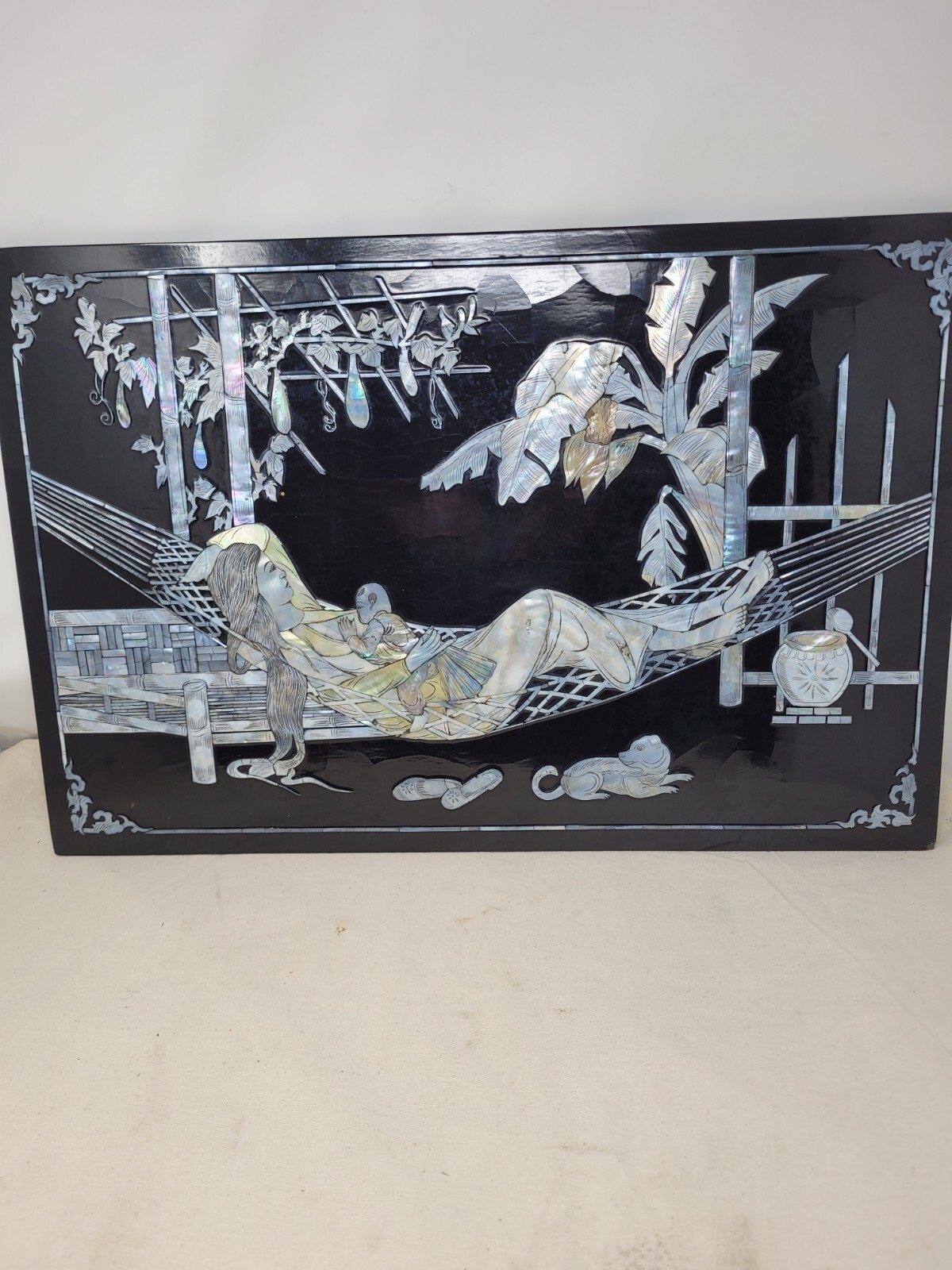 Mother Of Pearl Mother With Child On Hammock Breast Feeding Plaque vintage