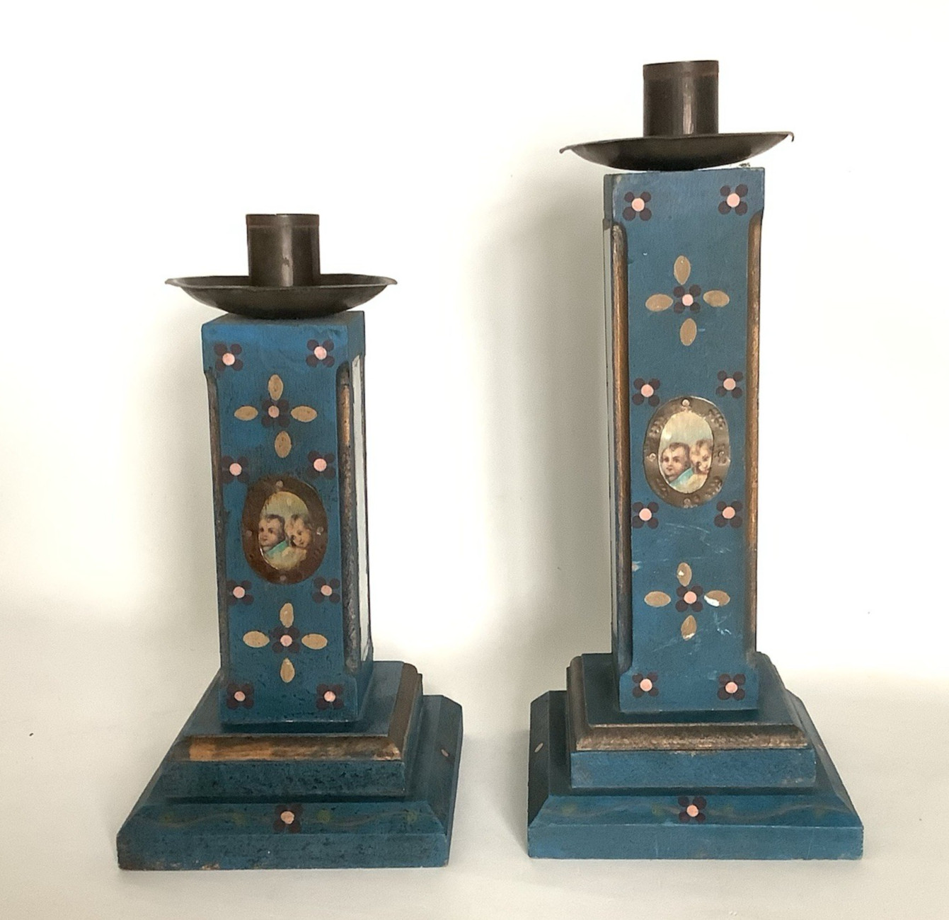 Pair of Vintage Wooden Mexican Folk Art Altar Candles with Milagros
