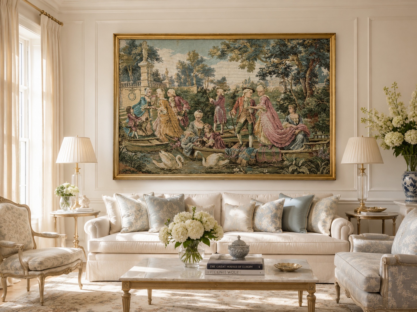 Huge Dutch Tapestry Framed Wall Hanging 17th-Century Baroque Style Circa 1950s