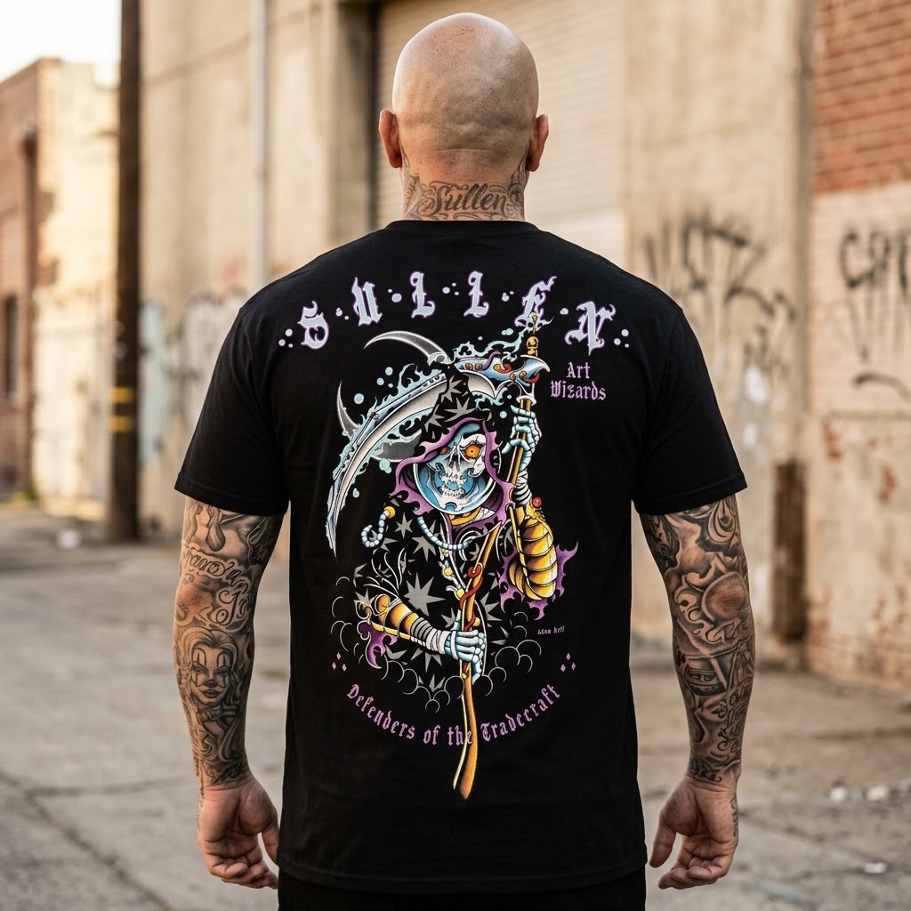 Art Wizard Reaper Tattoo Style Sullen Art Black T-Shirt Chicano Men, S-5XL