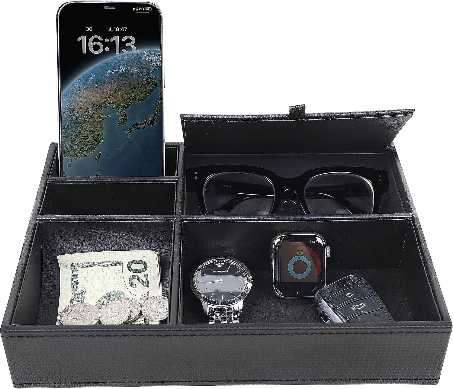 Men's Valet Tray, Jewelry Box Nightstand Organizer with 5 Compartments for Ph...