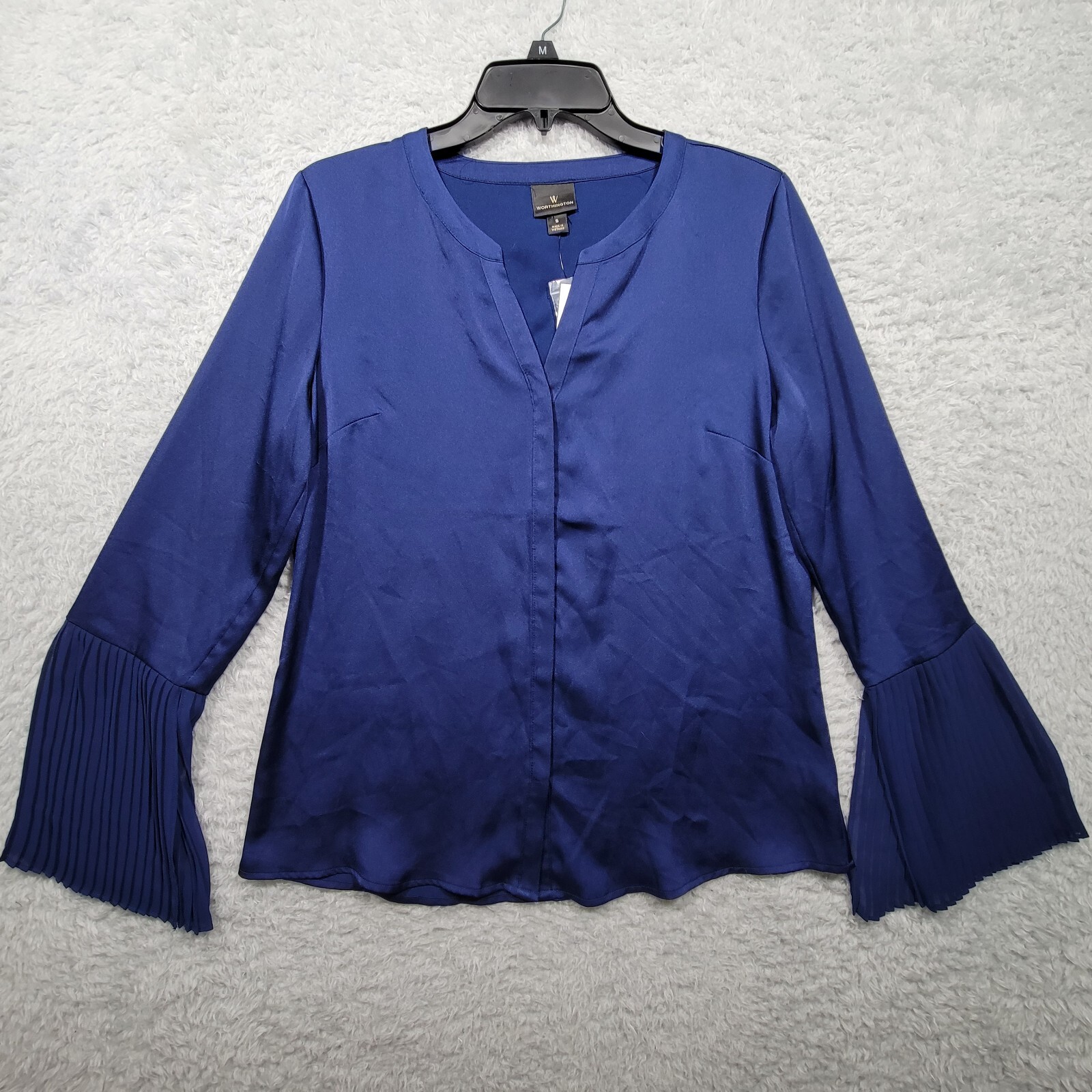 Worthington Shirt Womens Small Blue Long Sleeve Pleated Cuffs Hidden Button Up