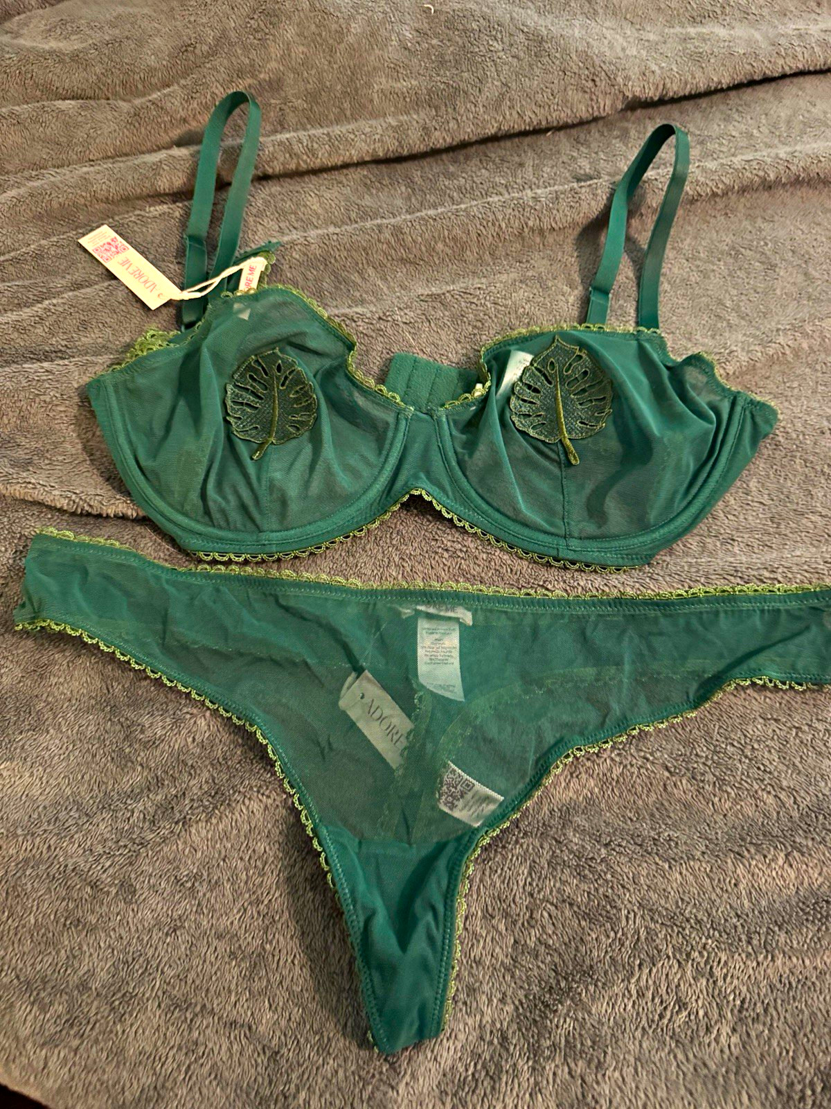 Adore Me Green Sheer Mesh Underwire Demi Bra Set Lace Trim Unlined 38D Adore Me Green Sheer Mesh Underwire Demi Bra Set Lace Trim Unlined 38D