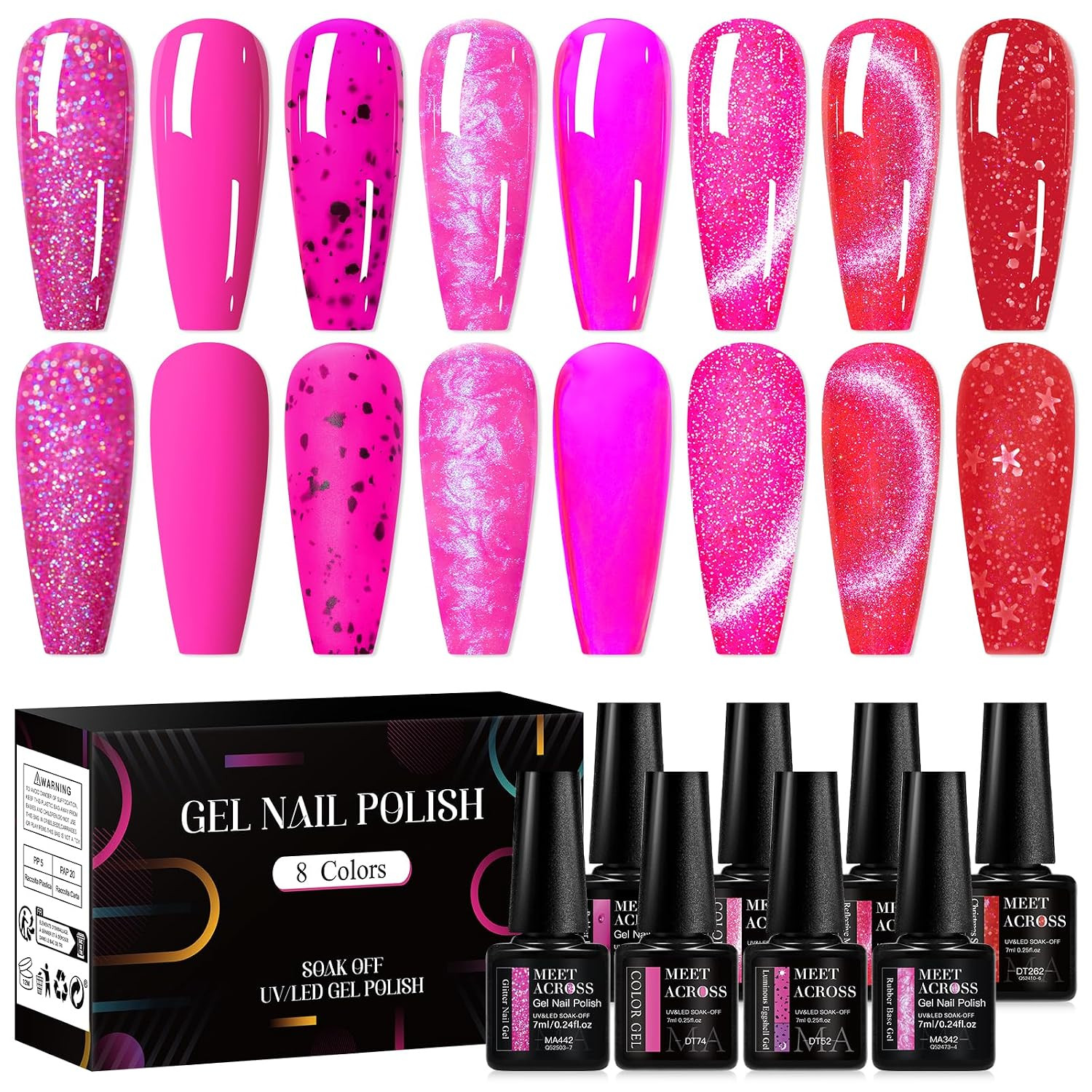 Hot Pink Red Gel Nail Polish Set 8 Colors, Reflective Glitter Cat Eye Amber Crys Hot Pink Red Gel Nail Polish Set 8 Colors, Reflective Glitter Cat Eye Amber Crys