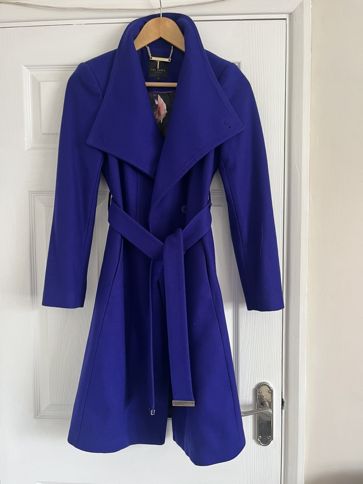 Ted Baker Women\'s Danita Purple/Blue Wool Cashmere Belted Wrap Coat Sz 1 Ted Baker Women\'s Danita Purple/Blue Wool Cashmere Belted Wrap Coat Sz 1