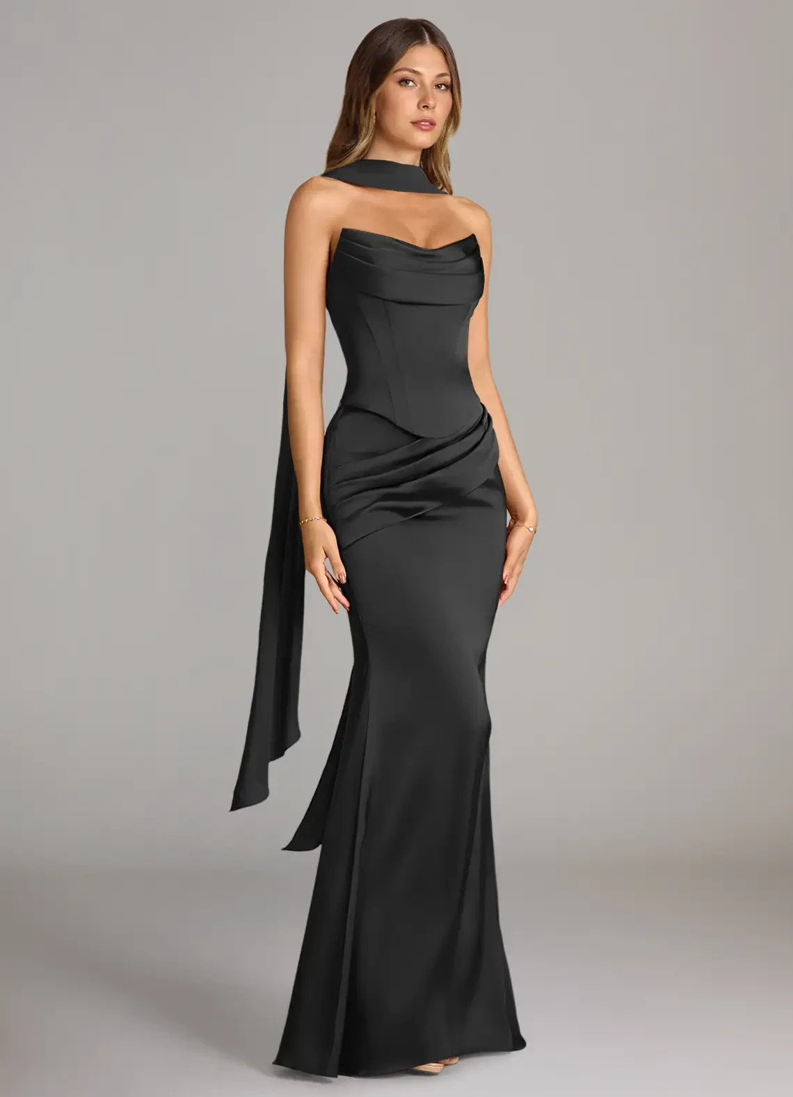 Azazie Sorrel Black Mermaid Strapless Stretch Satin Convertible Bridesmaid Dress