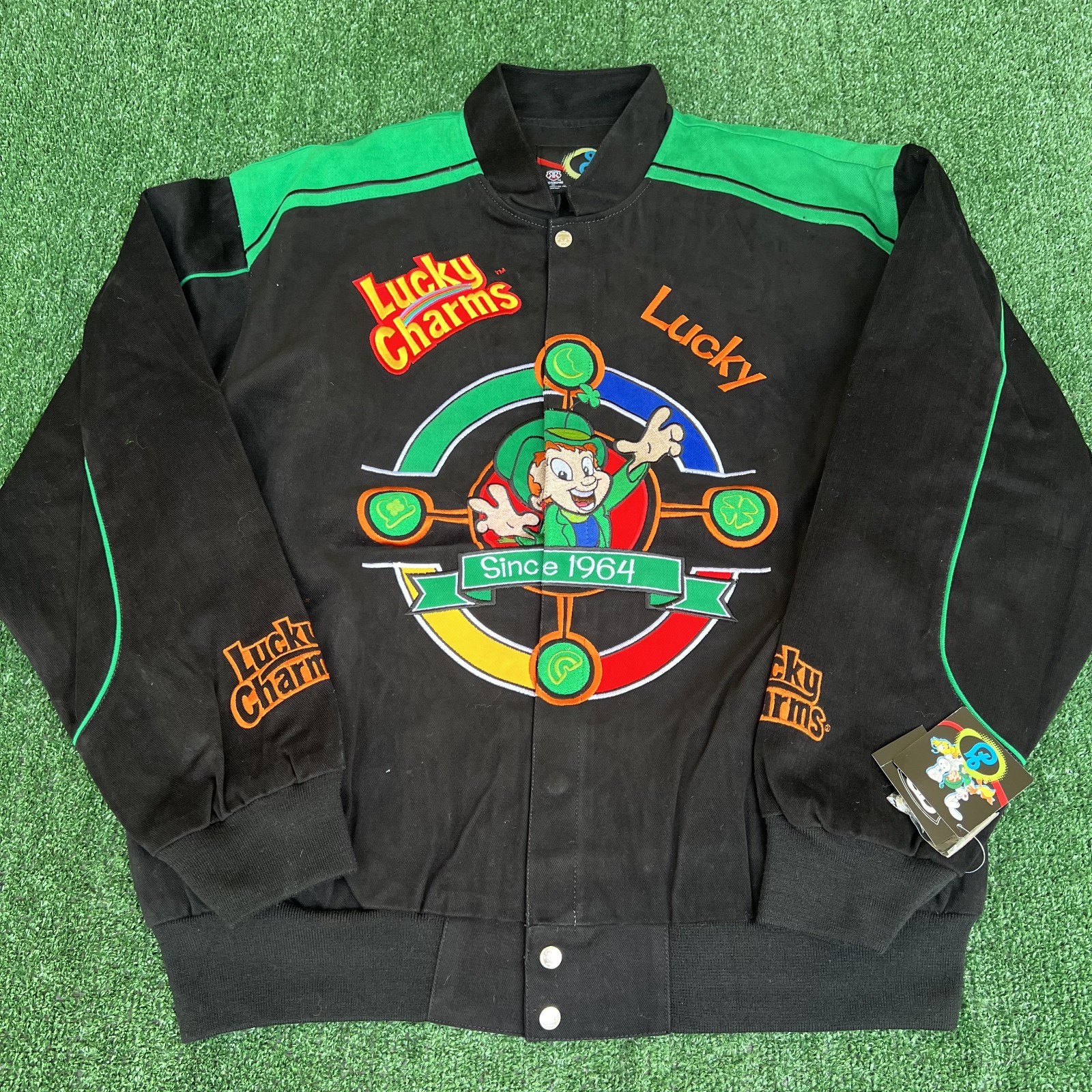 NWT VTG Lucky Charms Jacket Men\'s XL Black Nascar Racing Embroidered Leprechaun