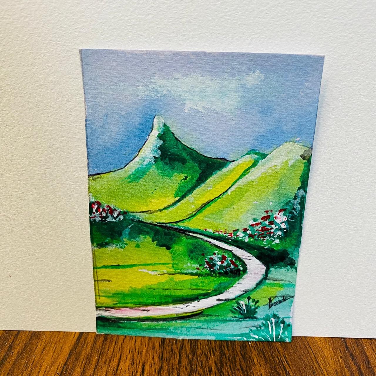 ACEO Landscape Mountain Range Green Village Watercolor Painting Art Unframe NEW