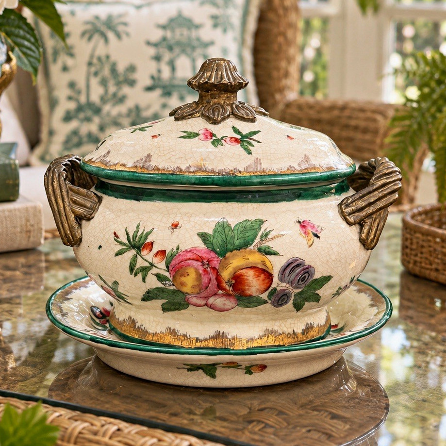 Vintage Hua Rong Tang Zhi Chinese Porcelain Tureen Underplate and Bronze details