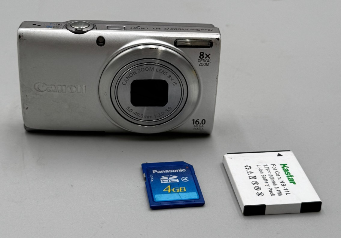 Canon PowerShot A4000 IS 16mp 8x Optical Zoom Silver Digital Camera W.Battery C