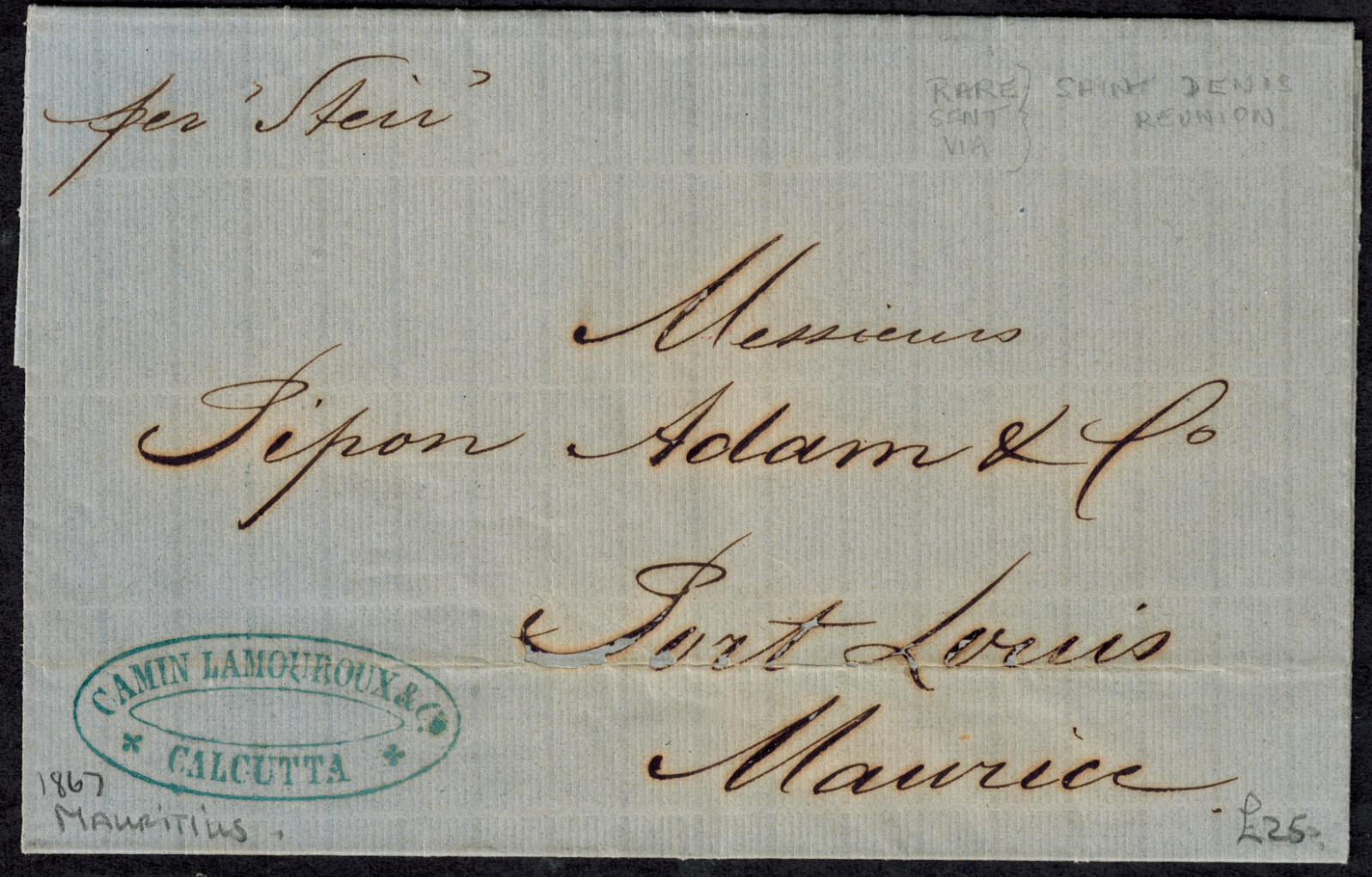 Mauritius 1867 Pre Stamp Full Letter w/RARE BLUE REUNION ST. DENIS RECEIVER