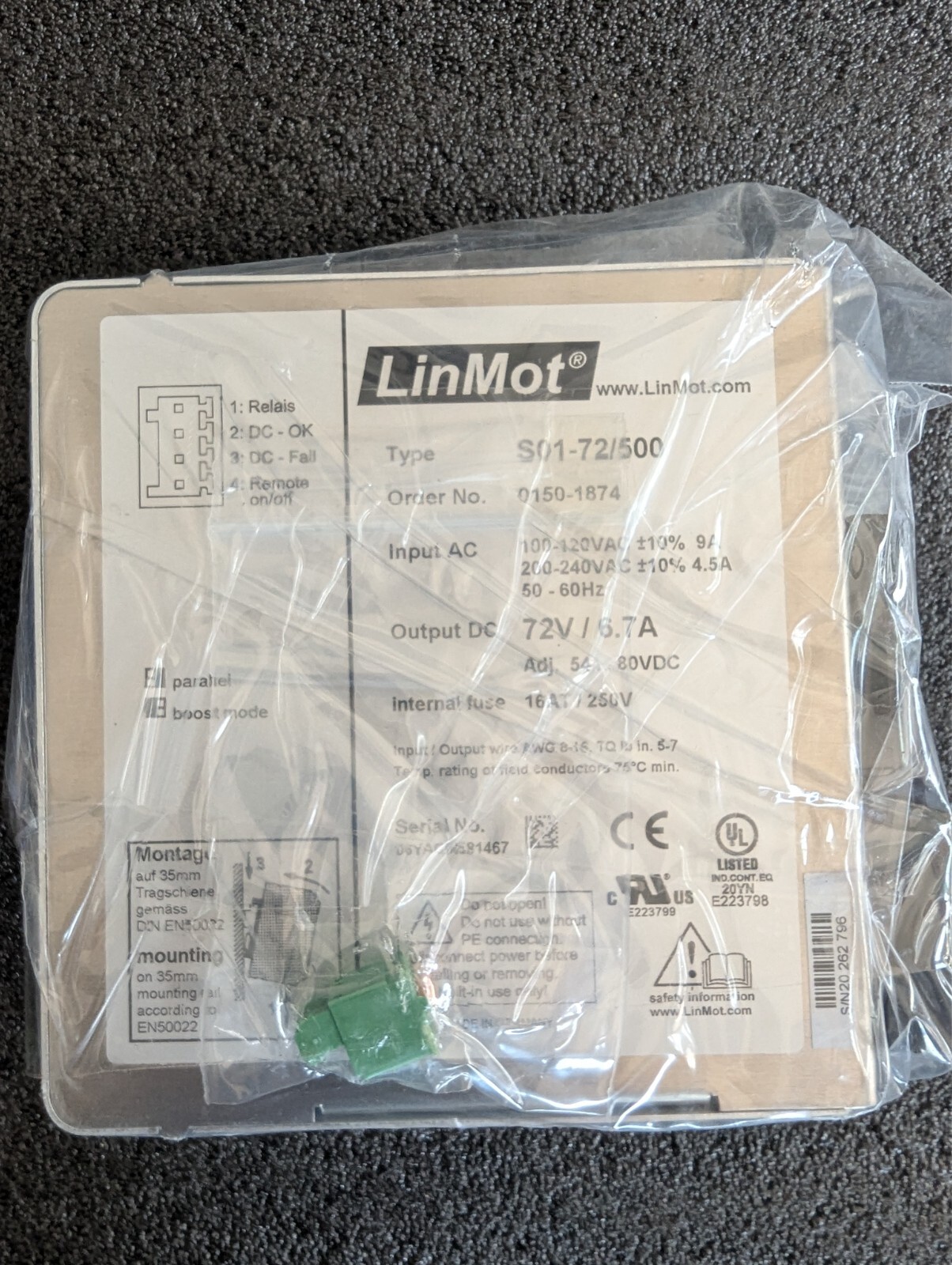Brand New - LinMot S01-72/500 Power Supply 0150-1874